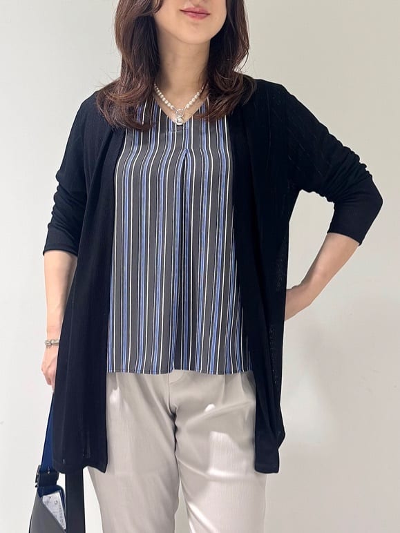 そんさんの「INDIVI｜【洗える／シアーストライプ柄】着流しジャージカーディガン」を使ったコーディネート