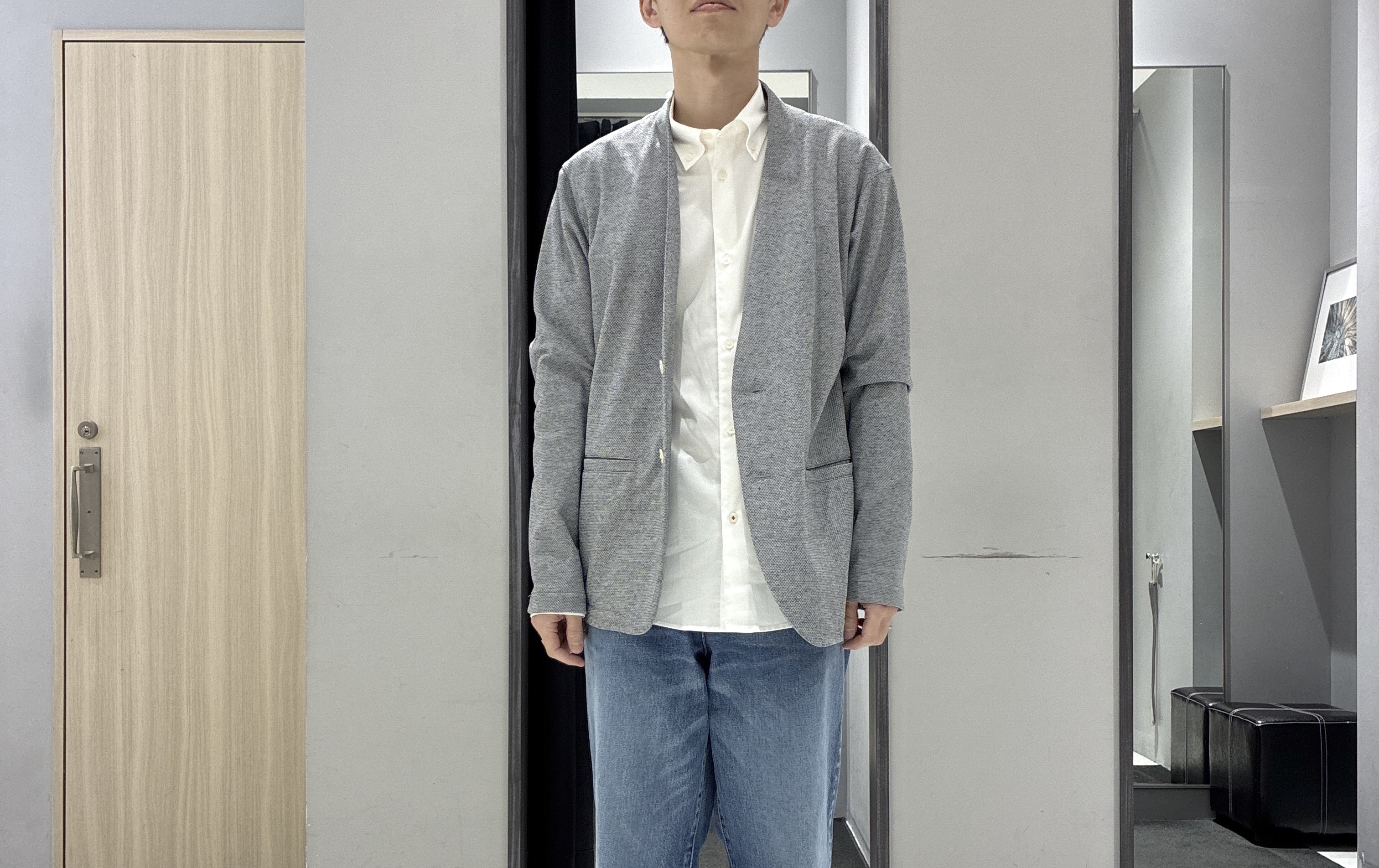 わいずみさんの「TAKEO KIKUCHI｜【抗菌防臭】バーズアイメッシュノーカラージャケット」を使ったコーディネート