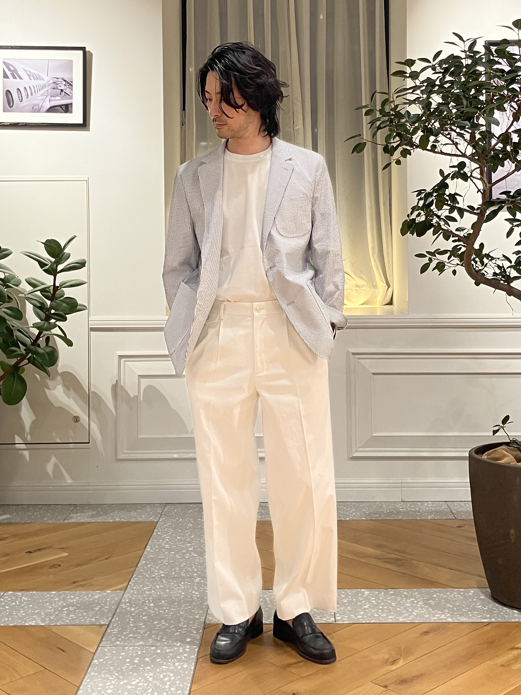 junyaさんの「DRESSTERIOR｜【吸湿速乾/セットアップ可/ウォッシャブル】COOLMAX シアサッカー サマージャケット」を使ったコーディネート