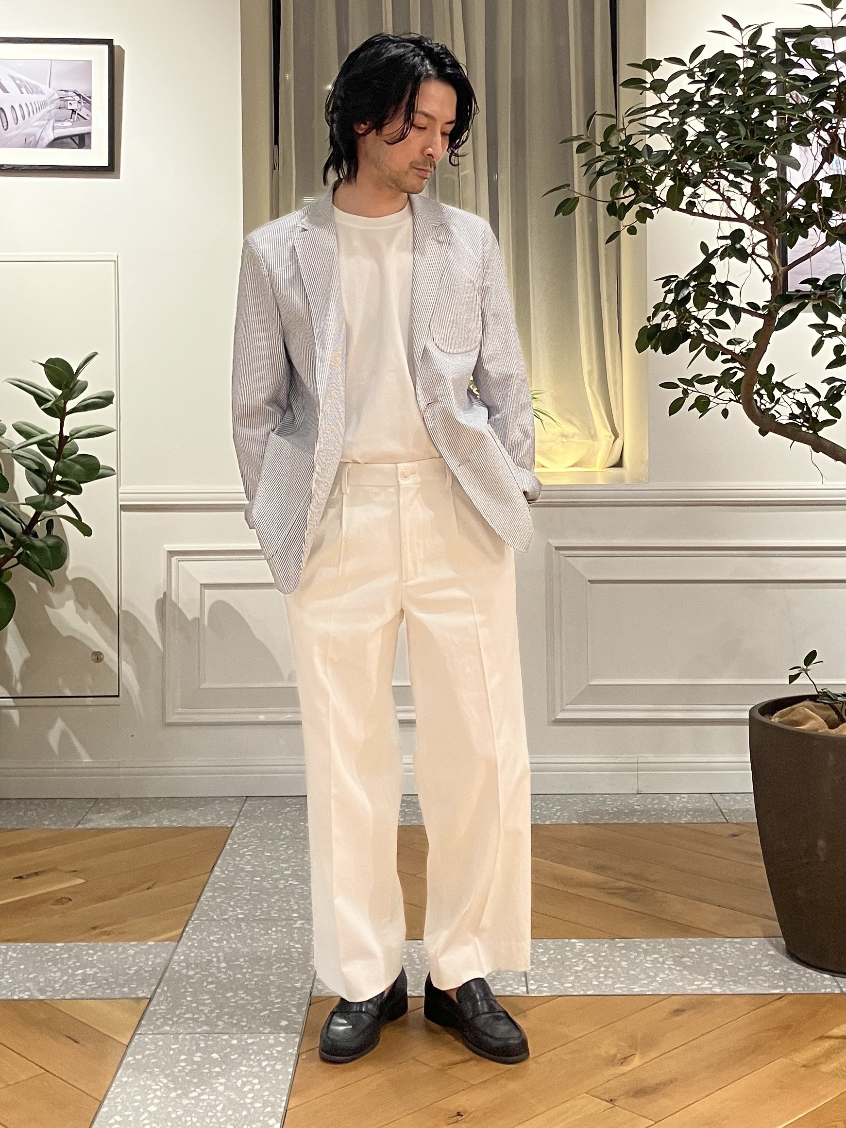 junyaさんの「DRESSTERIOR｜【吸湿速乾/セットアップ可/ウォッシャブル】COOLMAX シアサッカー サマージャケット」を使ったコーディネート