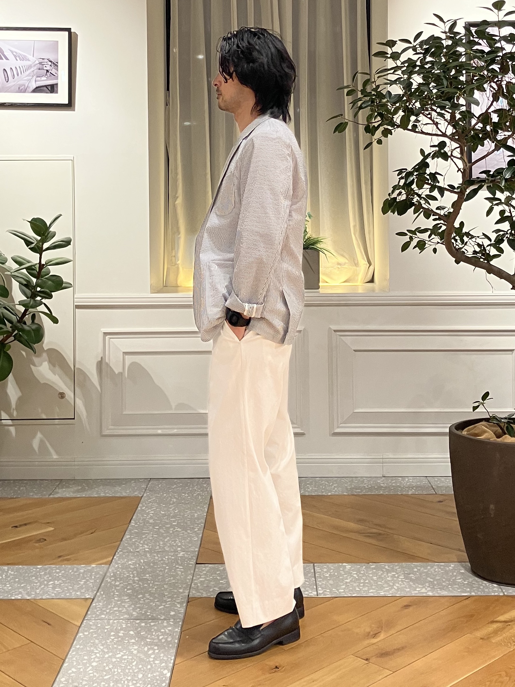 junyaさんの「DRESSTERIOR｜【吸湿速乾/セットアップ可/ウォッシャブル】COOLMAX シアサッカー サマージャケット」を使ったコーディネート