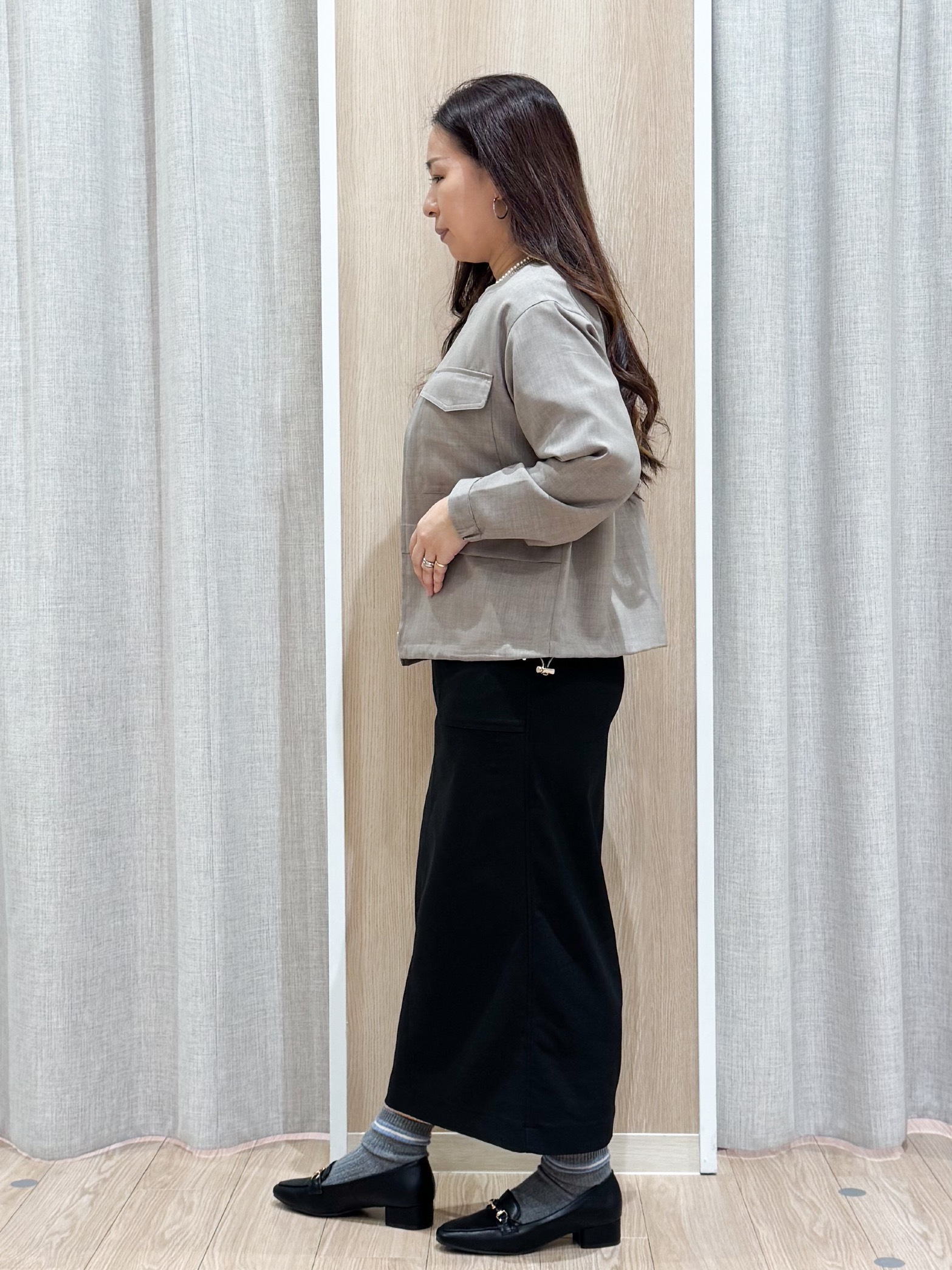 sachiさんの「grove｜【貴島明日香さん着用・洗える】麻調ノーカラーブルゾン」を使ったコーディネート