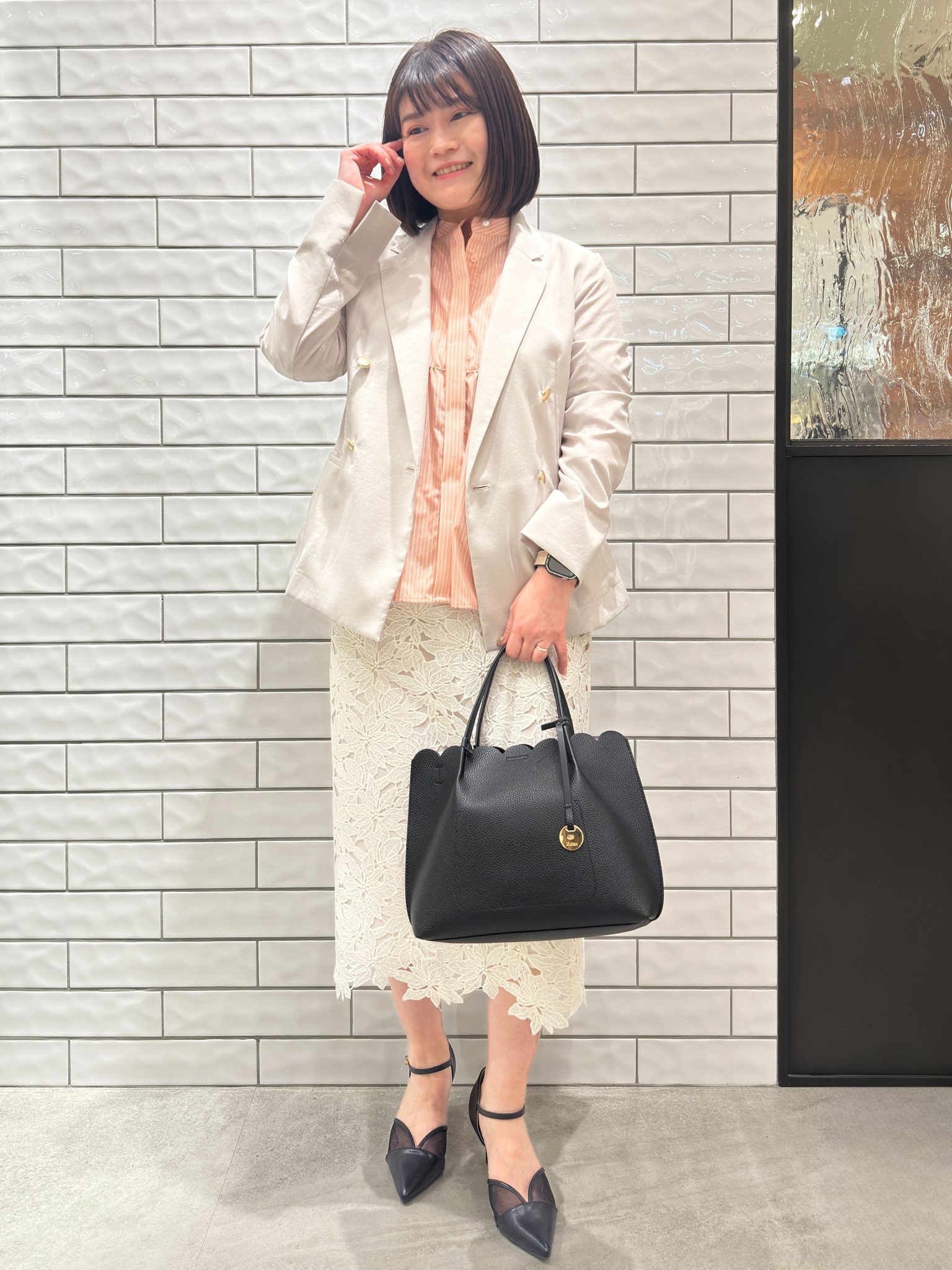 Minさんの「OPAQUE.CLIP｜《再入荷》ダブルブレストテーラードジャケット【接触冷感／吸水速乾／イージーアイロン／防シワ／洗濯機O」を使ったコーディネート