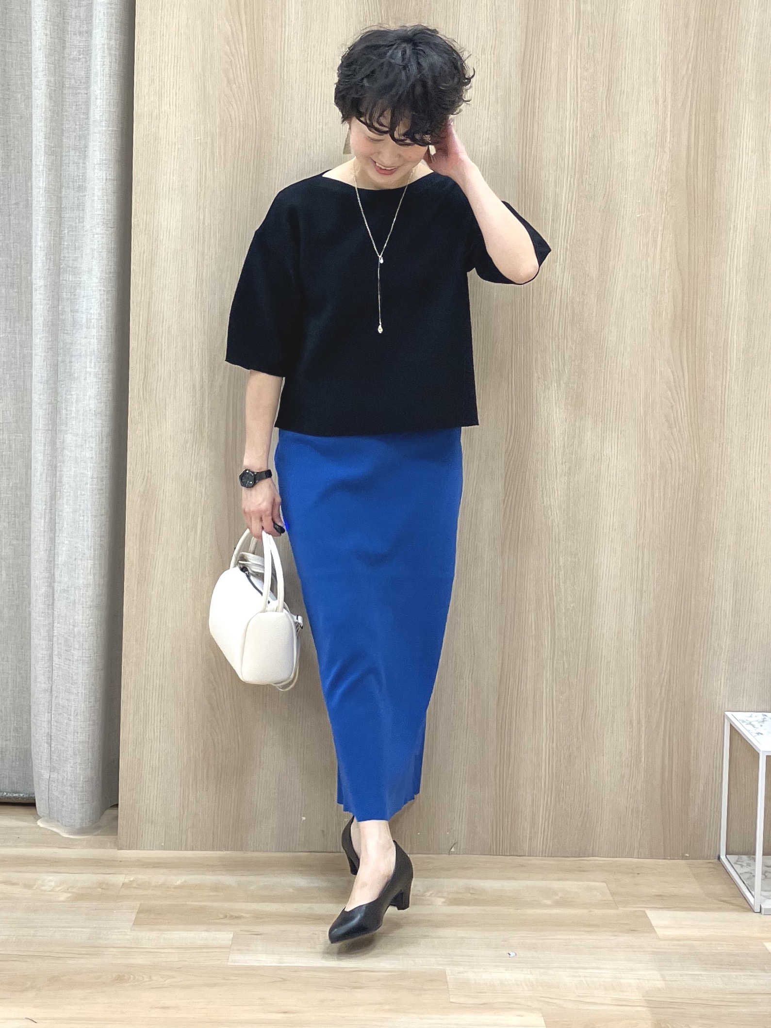 Keiさんの「grove｜【貴島明日香さん着用／洗濯機OK】レイヤードにもおすすめ、軽やかクロップドニット」を使ったコーディネート