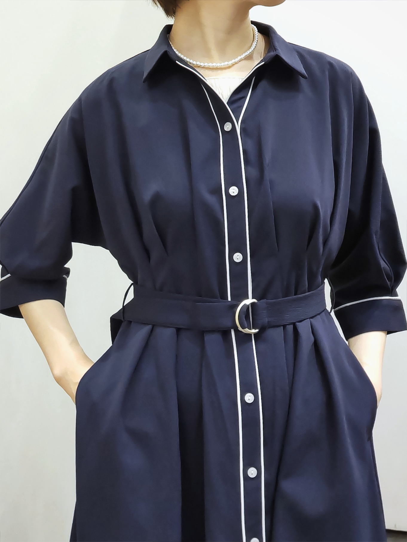 やまちゃんさんの「grove｜【貴島明日香さん着用・美シルエット】ウエストタック配色ワンピース」を使ったコーディネート