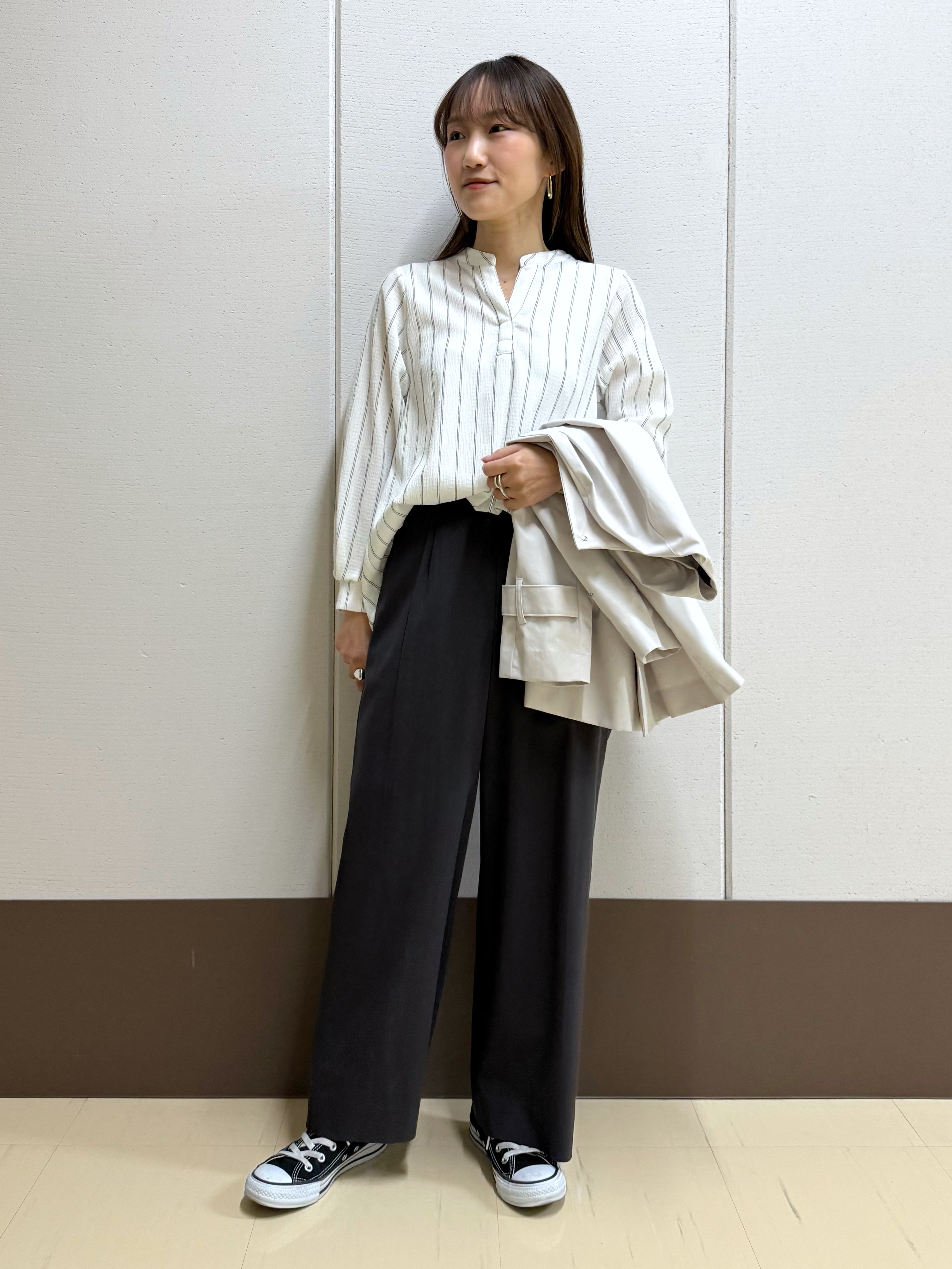 mamiさんの「INDIVI｜【洗える／着心地楽ちん】ブラウス風ストライプカットソートップス」を使ったコーディネート