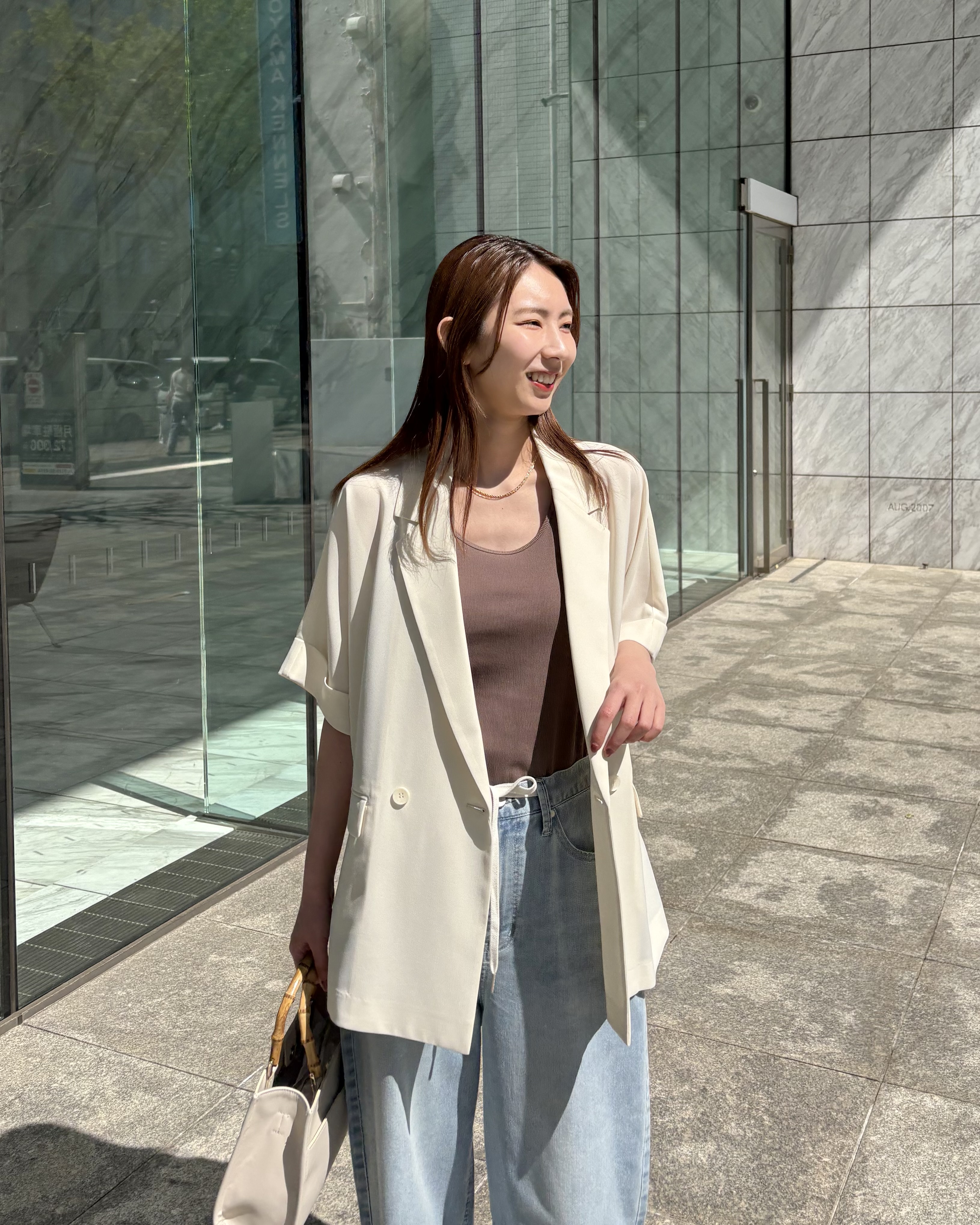 めぐさんの「OPAQUE.CLIP｜【接触冷感／吸水速乾／防シワ】リネンライクテーラードジャケット《洗濯機OK》」を使ったコーディネート