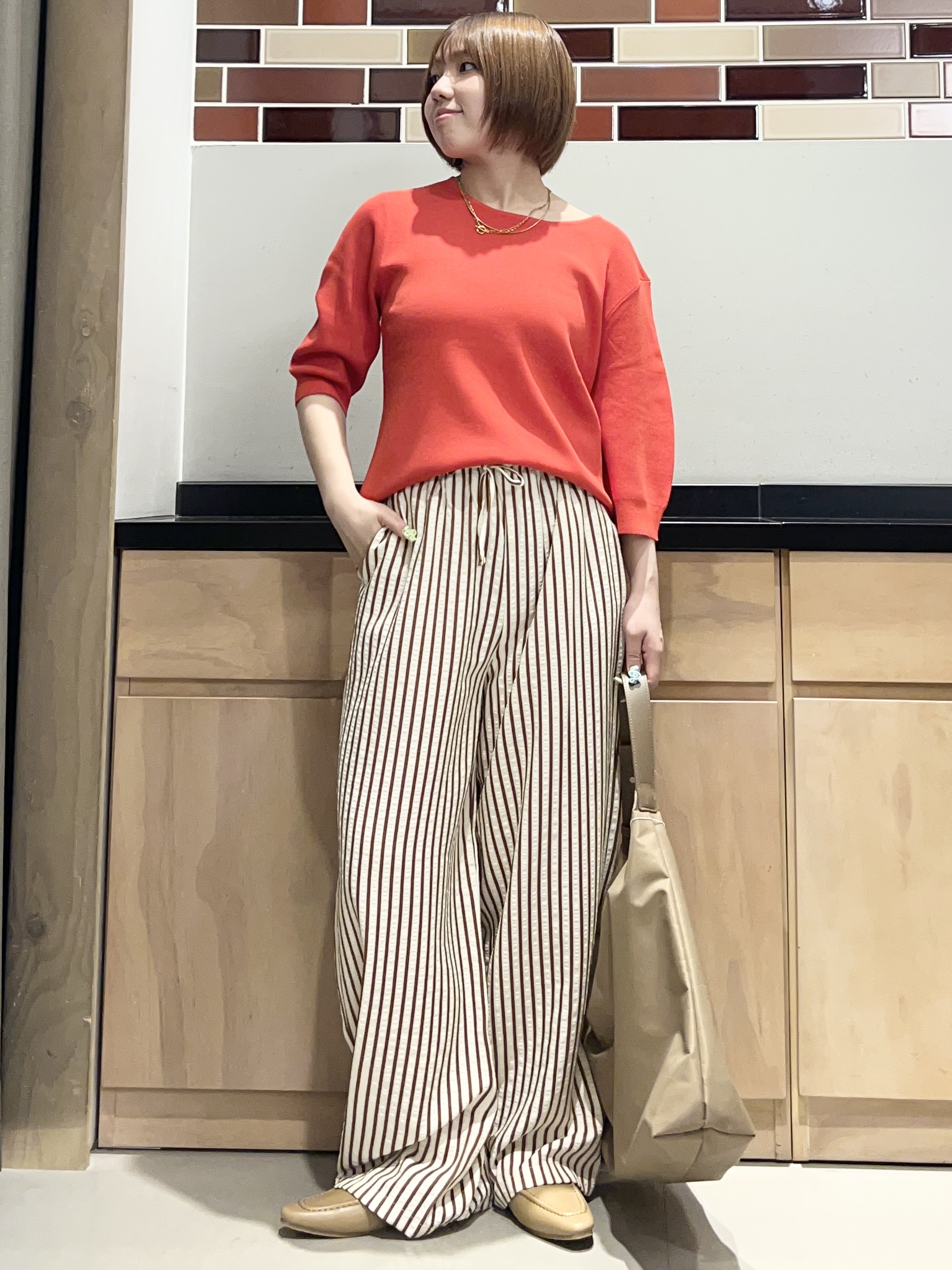 かのさんの「THE SHOP TK｜【S-XL/ひんやりタッチ】美しさ際立つ 6分袖ニット 洗濯機OK/UVケア/毛玉になりにくい」を使ったコーディネート