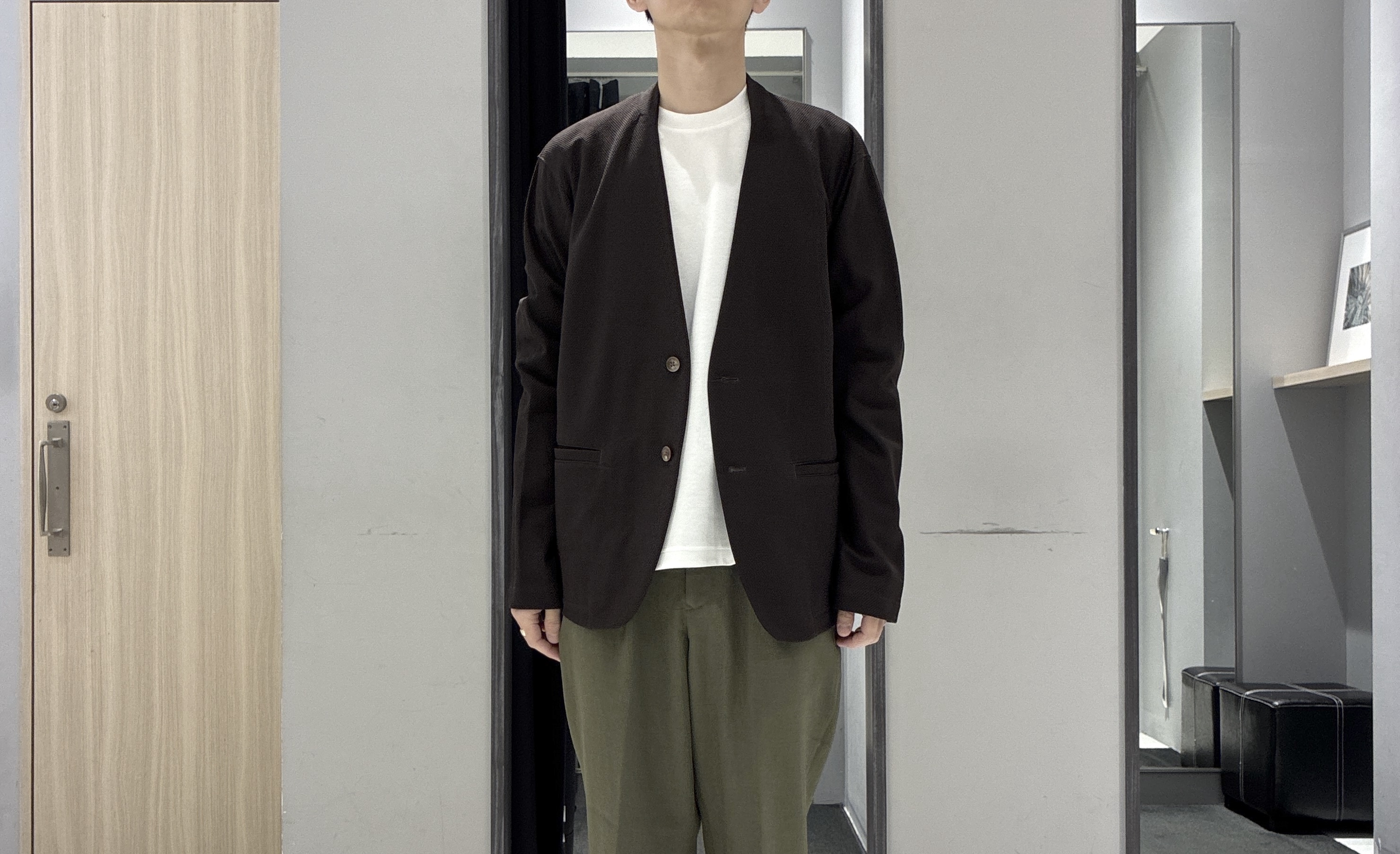 わいずみさんの「TAKEO KIKUCHI｜【抗菌防臭】バーズアイメッシュノーカラージャケット」を使ったコーディネート
