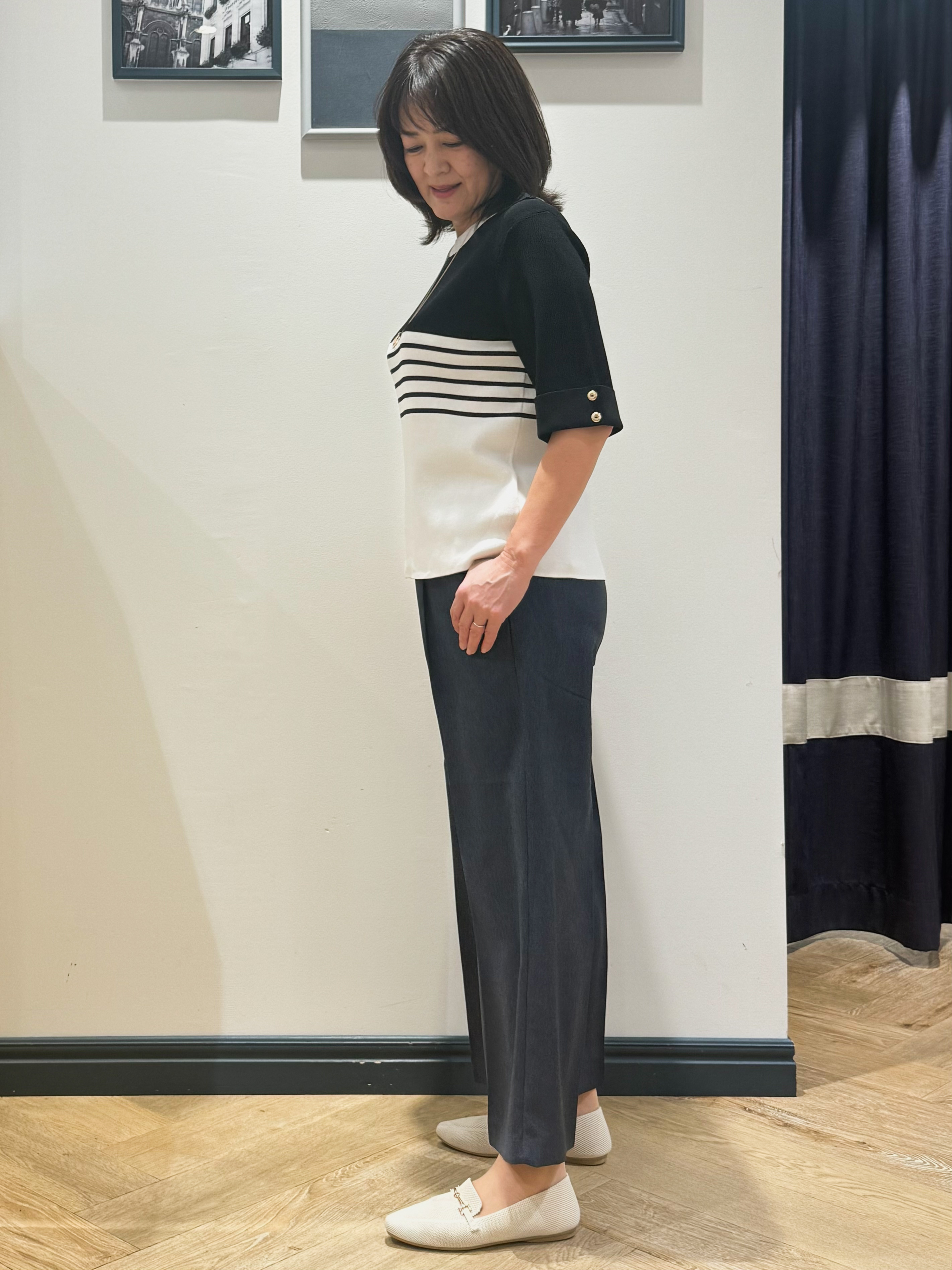 Lilyさんの「grove｜【シリーズ累計36万枚/名品ニット】やわらかドライタッチ 袖メッシュ編みニット」を使ったコーディネート