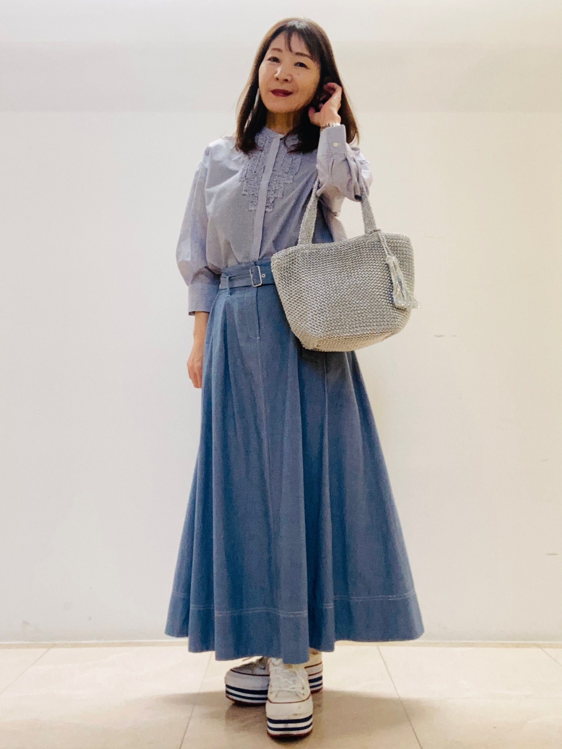 kurodaさんの「Reflect｜【接触冷感】八分袖フロントフリルブラウス」を使ったコーディネート