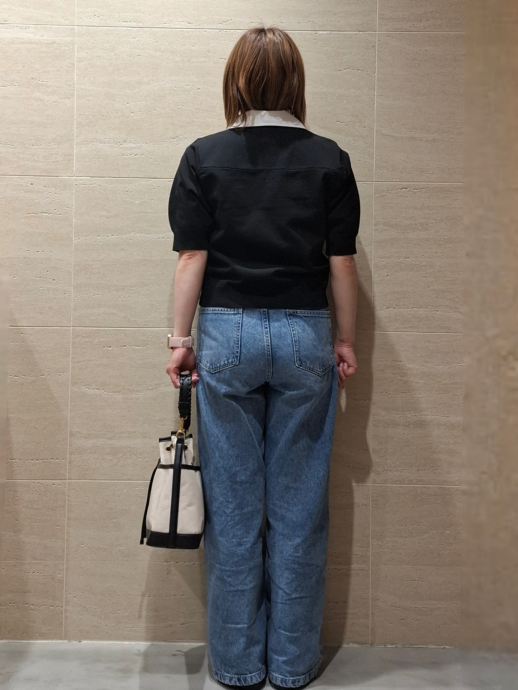 かほさんの「OPAQUE.CLIP｜フォルムスリーブ ドッキングポロ衿ニット【洗濯機OK】」を使ったコーディネート