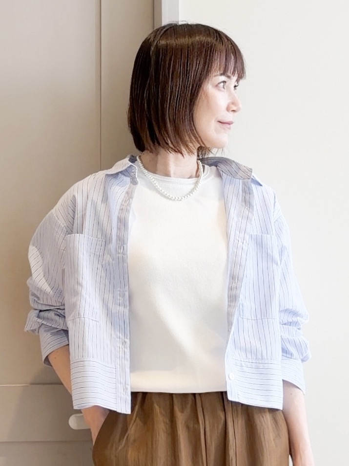 yamakoさんの「grove｜【貴島明日香さん着用／イージーケア／接触冷感】麻混クロップドシャツ」を使ったコーディネート
