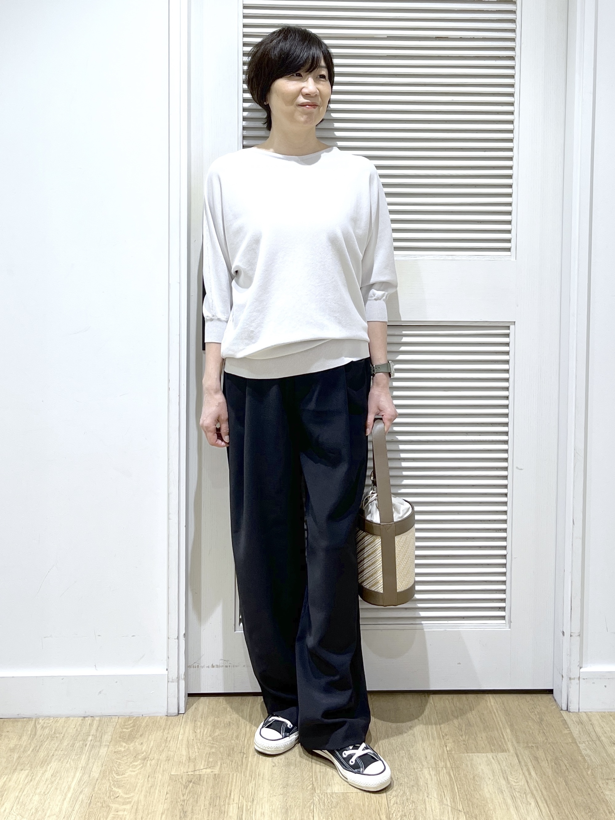 Miyazakiさんの「Dessin｜ストライプ柄バッグコンビバケツショルダー」を使ったコーディネート