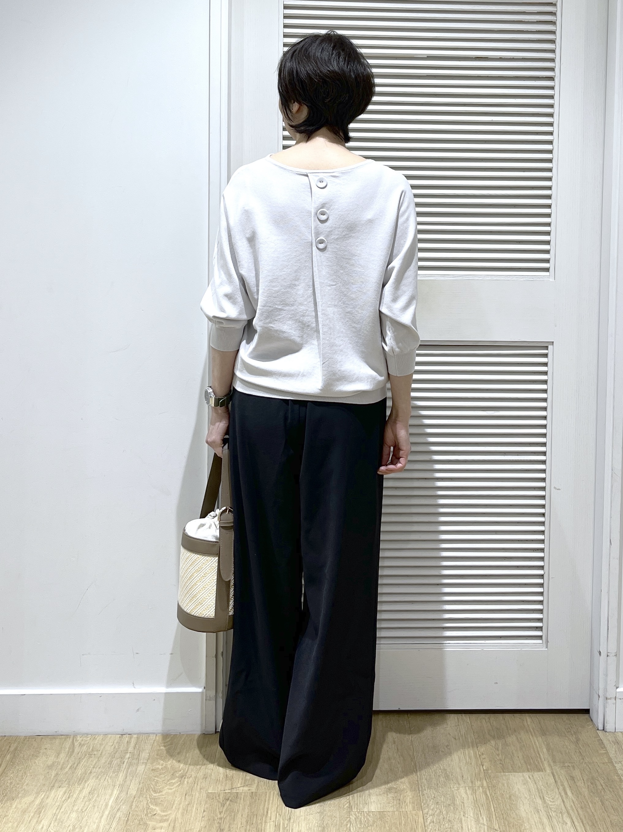 Miyazakiさんの「Dessin｜ストライプ柄バッグコンビバケツショルダー」を使ったコーディネート