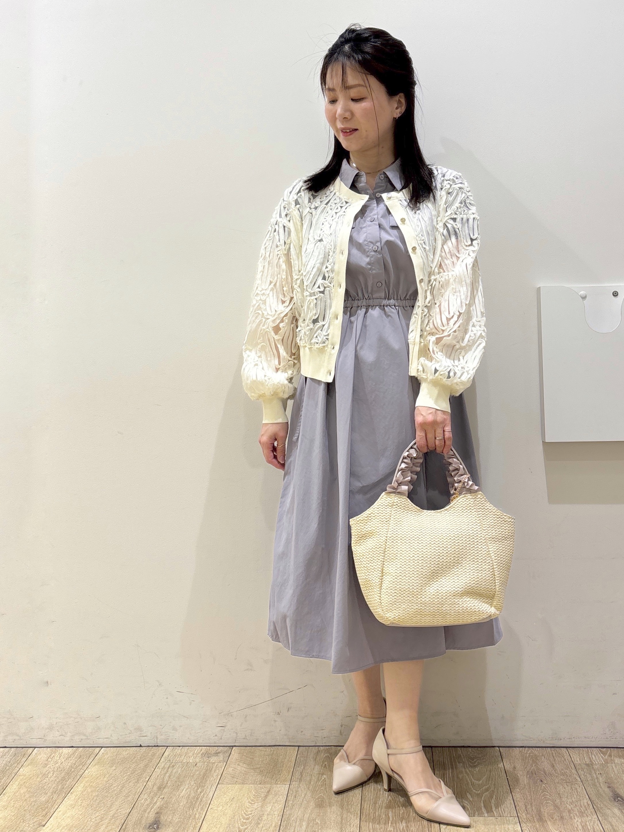 mameさんの「OPAQUE.CLIP｜シアー幾何刺繍カーディガン【洗濯機OK】」を使ったコーディネート