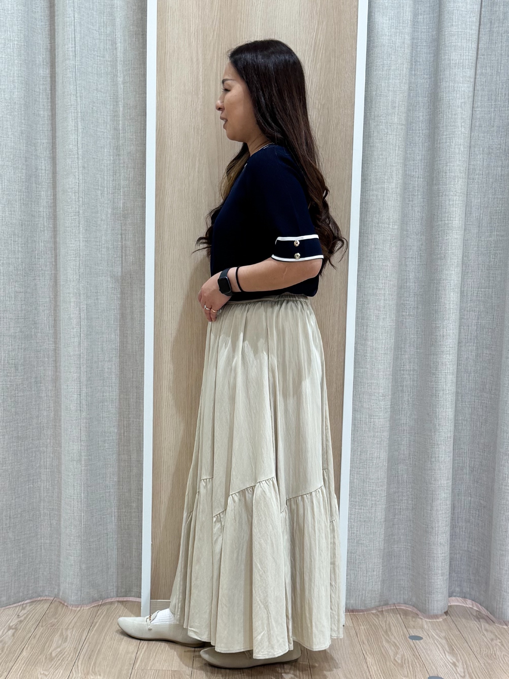 sachiさんの「grove｜【シリーズ累計36万枚/名品ニット】やわらかドライタッチ 袖メッシュ編みニット」を使ったコーディネート