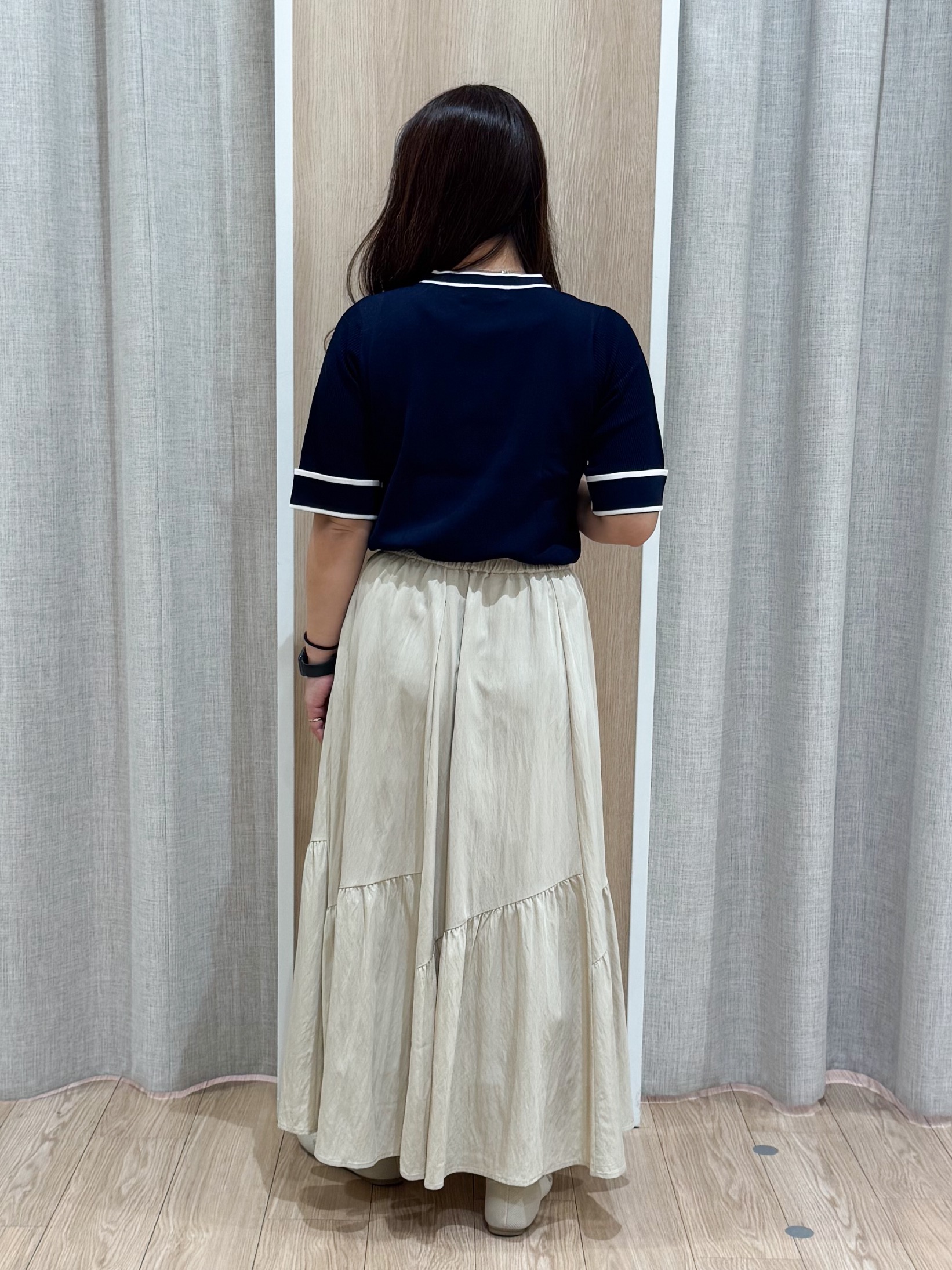 sachiさんの「grove｜【シリーズ累計36万枚/名品ニット】やわらかドライタッチ 袖メッシュ編みニット」を使ったコーディネート