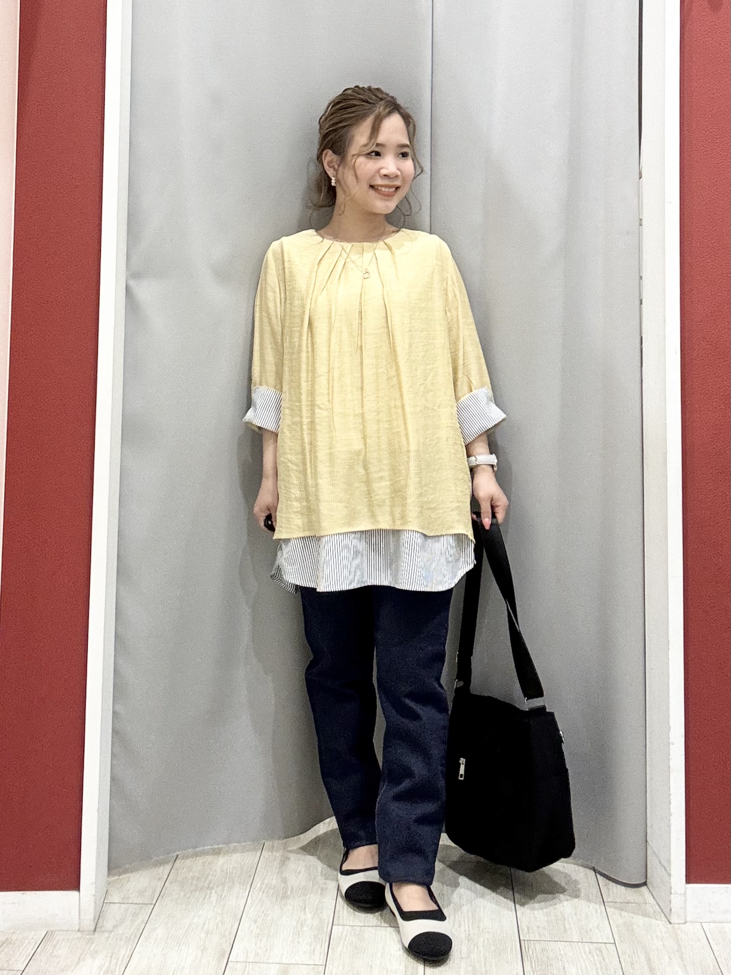 shioさんの「SHOO･LA･RUE｜【洗濯機可/体型カバー】1枚でサマ見え 7分袖スラブレイヤード風トップス」を使ったコーディネート