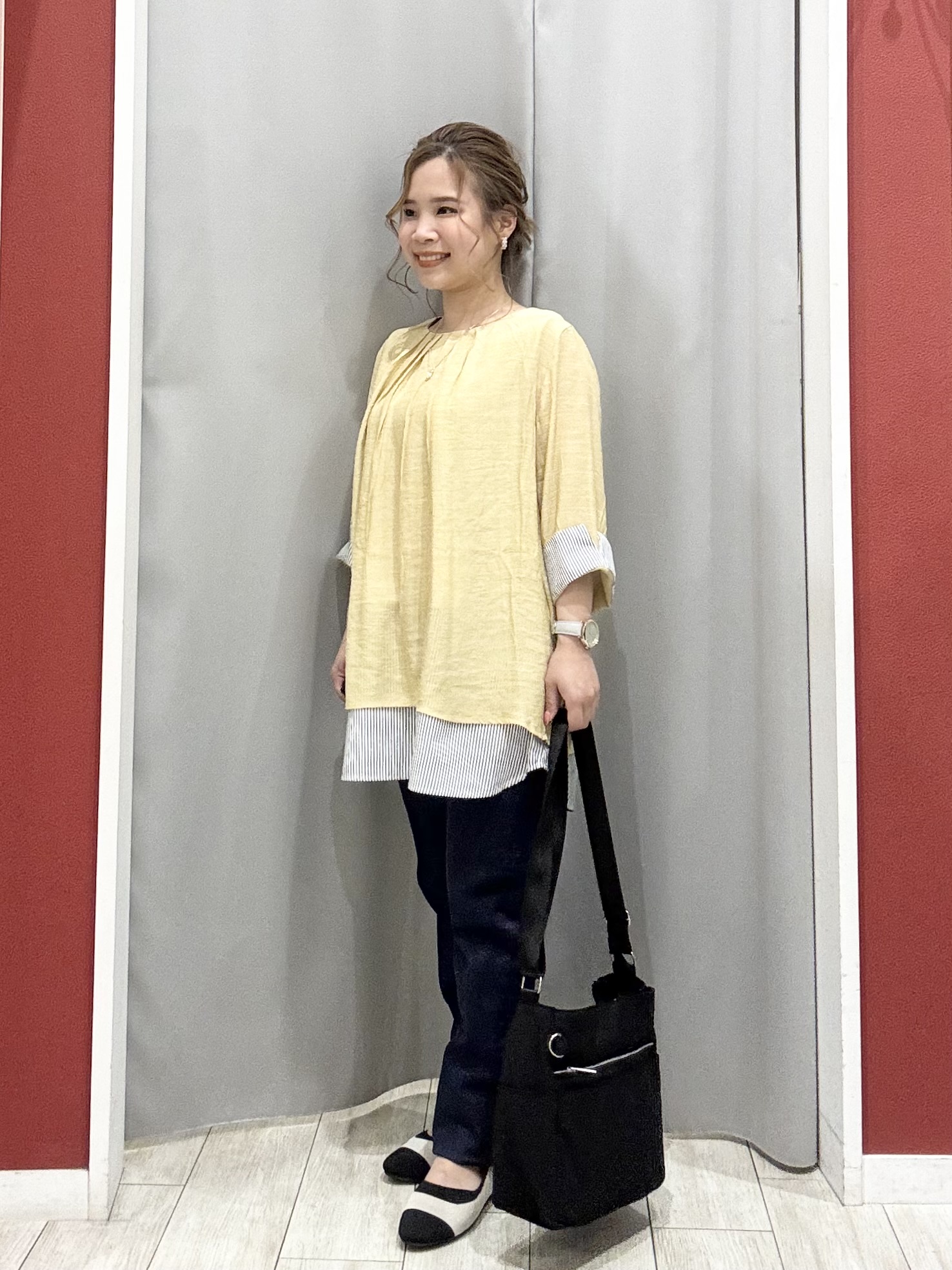 shioさんの「SHOO･LA･RUE｜【洗濯機可/体型カバー】1枚でサマ見え 7分袖スラブレイヤード風トップス」を使ったコーディネート