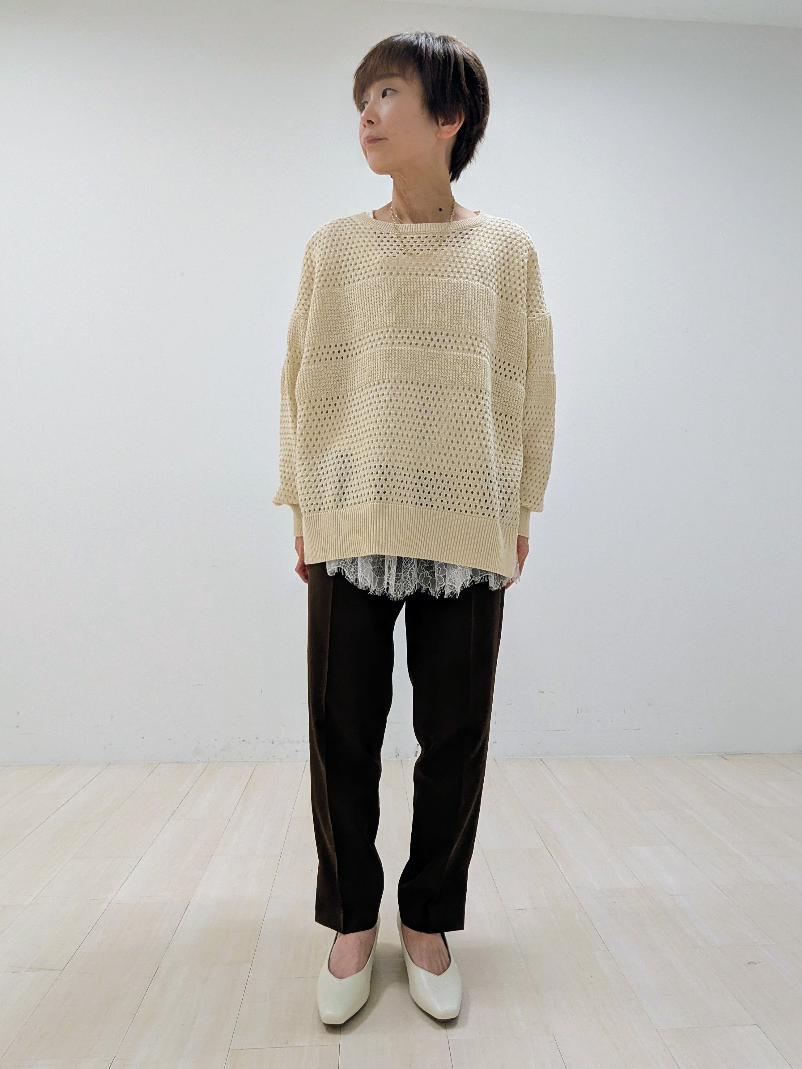 nishiさんの「Reflect｜【レイヤードにおすすめ◎】メッシュ風ドライタッチニット」を使ったコーディネート