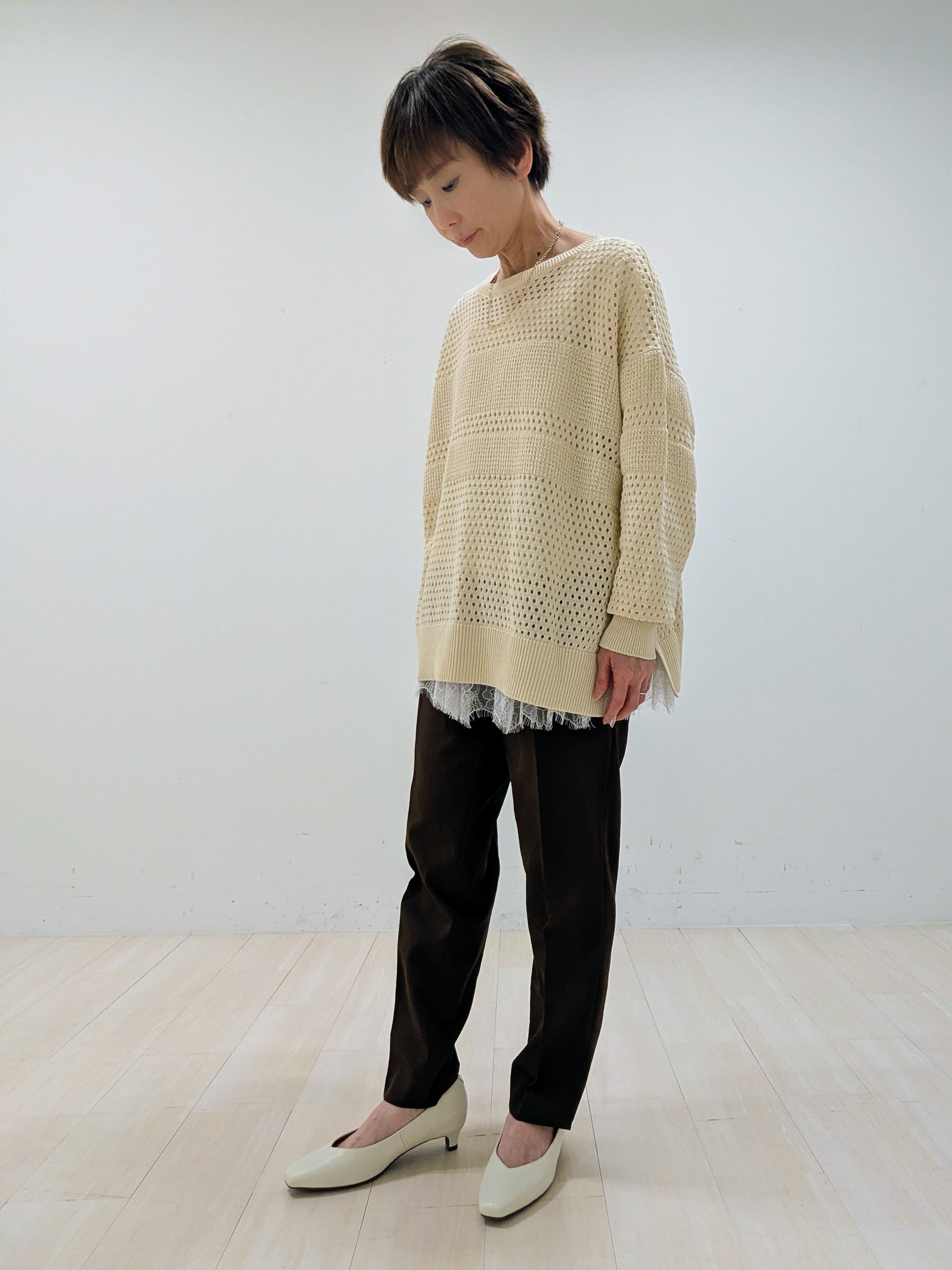 nishiさんの「Reflect｜【レイヤードにおすすめ◎】メッシュ風ドライタッチニット」を使ったコーディネート