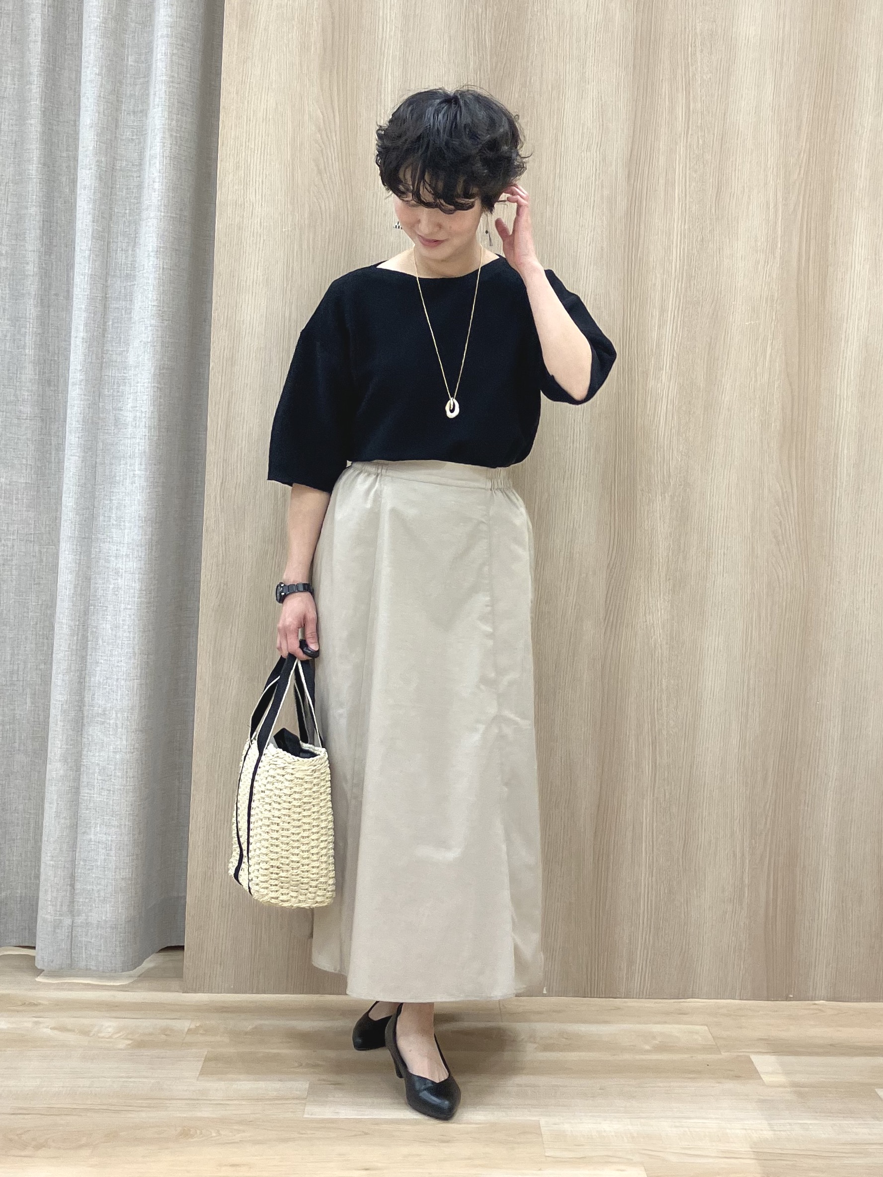 Keiさんの「grove｜【貴島明日香さん着用／洗濯機OK】レイヤードにもおすすめ、軽やかクロップドニット」を使ったコーディネート