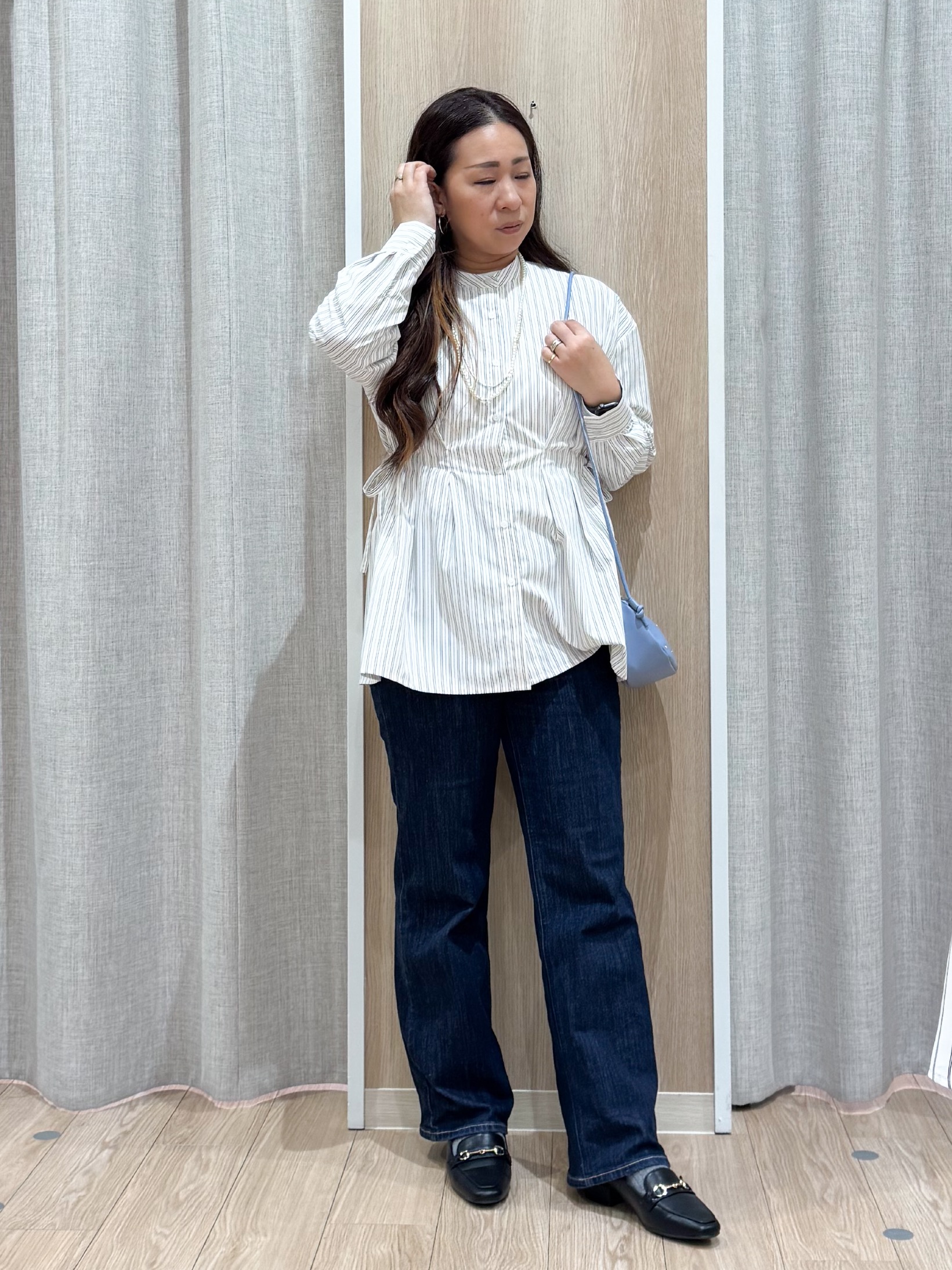 sachiさんの「grove｜【体型カバー】ウエストタック スタンドネックシャツ」を使ったコーディネート