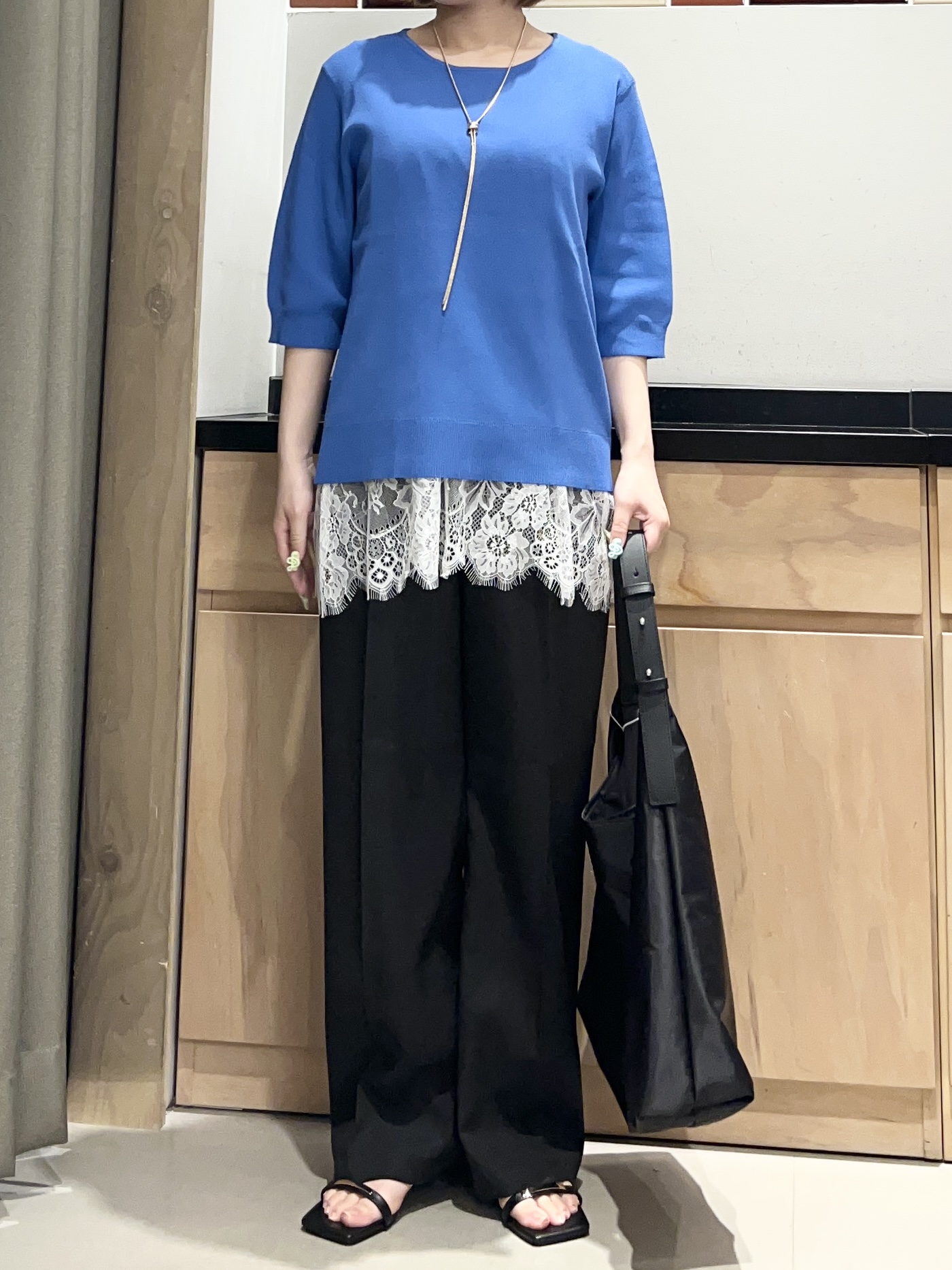 かのさんの「THE SHOP TK｜【S-XL/ひんやりタッチ】美しさ際立つ 6分袖ニット 洗濯機OK/UVケア/毛玉になりにくい」を使ったコーディネート