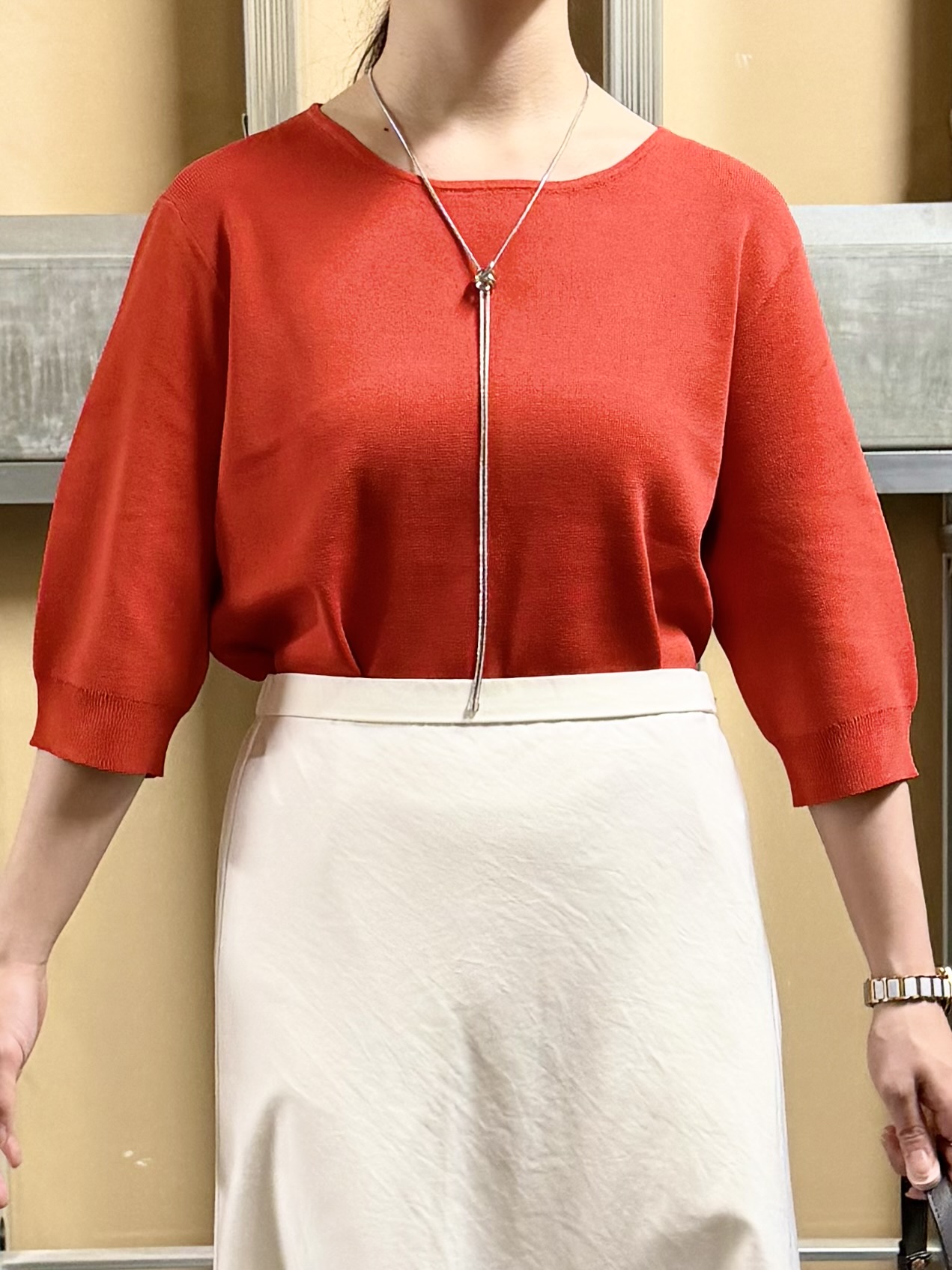 sahoさんの「THE SHOP TK｜【S-XL/ひんやりタッチ】美しさ際立つ 6分袖ニット 洗濯機OK/UVケア/毛玉になりにくい」を使ったコーディネート