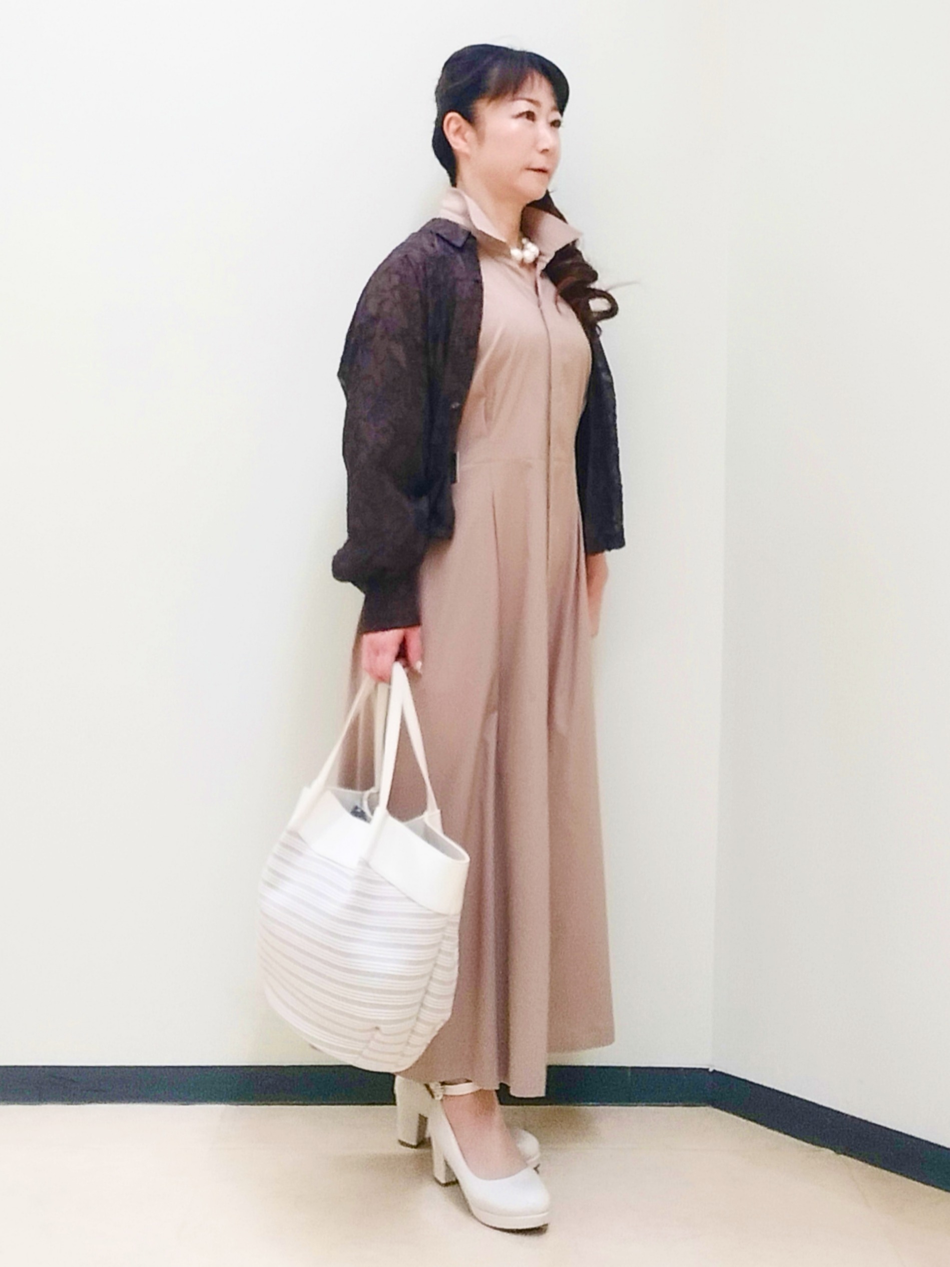 花さんの「Reflect｜【選べる2柄／セットアップ可】シャツ衿シアーブラウス」を使ったコーディネート