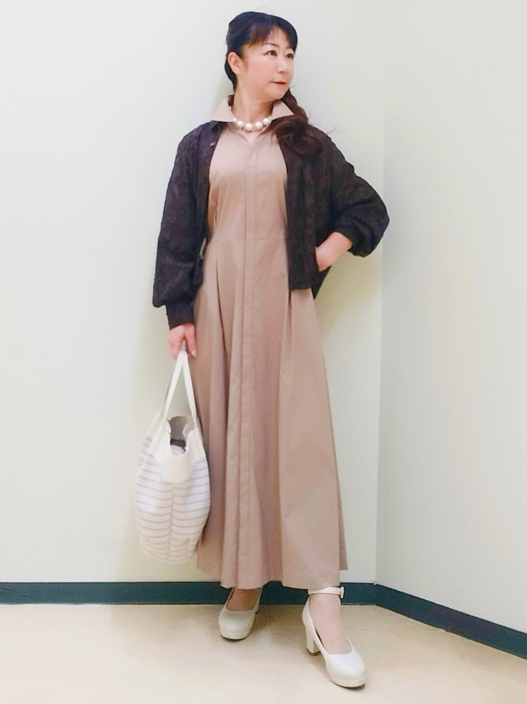 花さんの「Reflect｜【選べる2柄／セットアップ可】シャツ衿シアーブラウス」を使ったコーディネート