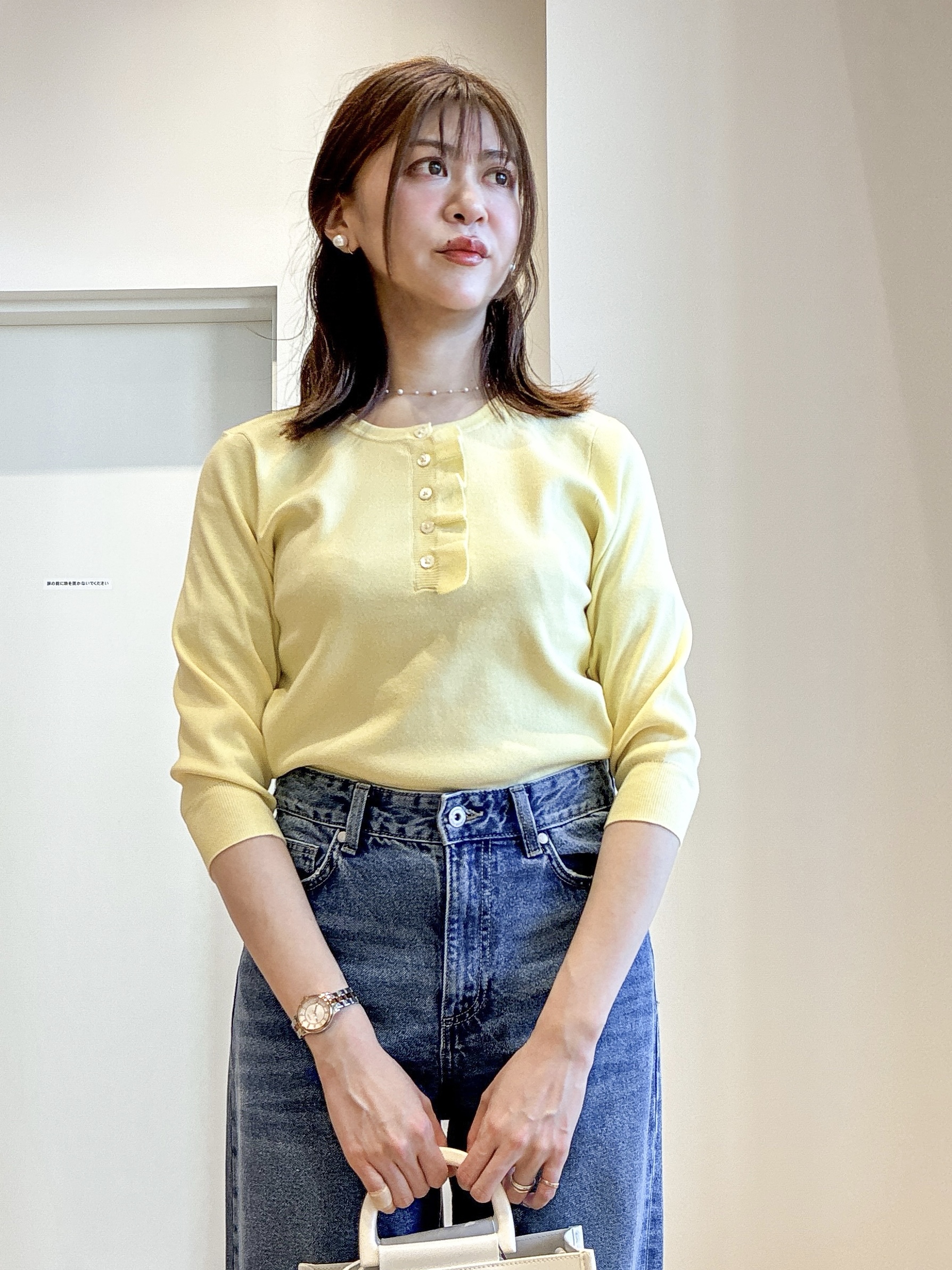 もんちゃんさんの「OPAQUE.CLIP｜フリルヘンリーネックニット【洗濯機OK／抗ピル】」を使ったコーディネート