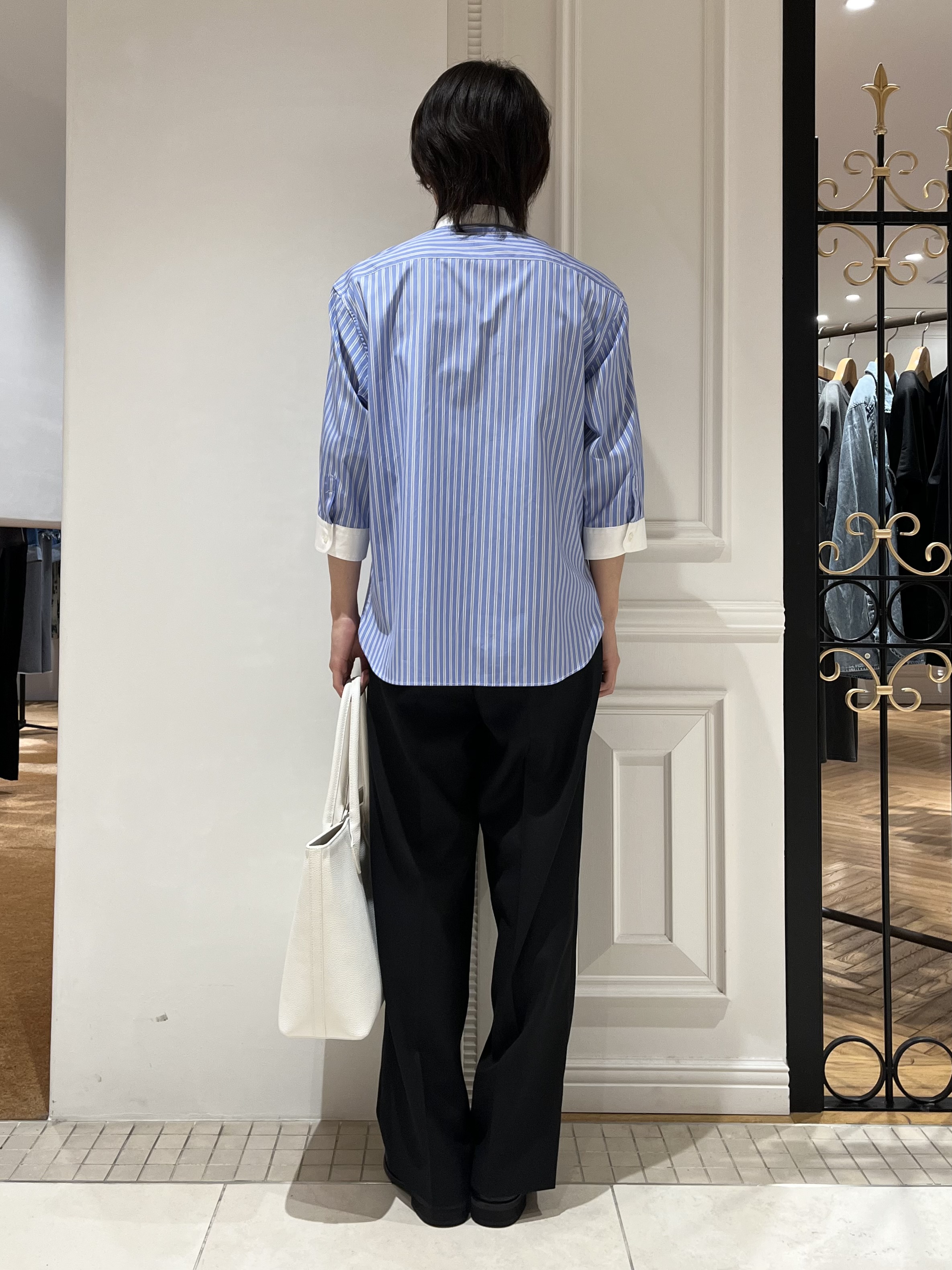 Watanabeさんの「DRESSTERIOR｜バンドカラー ストライプスリークォーターシャツ」を使ったコーディネート