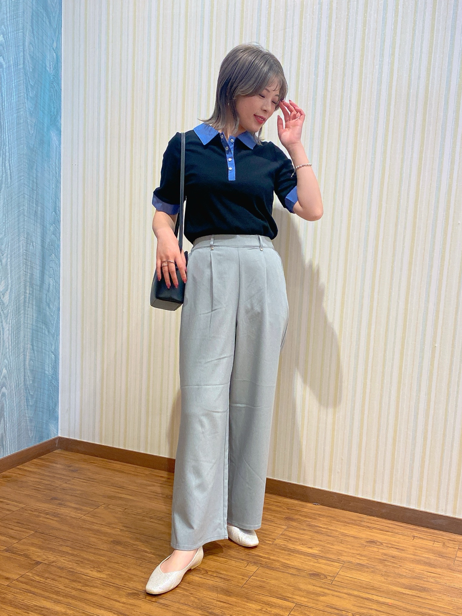 ayaさんの「SHOO･LA･RUE｜【洗濯機可/S-LL】シャツレイヤード風 テレコポロトップス」を使ったコーディネート