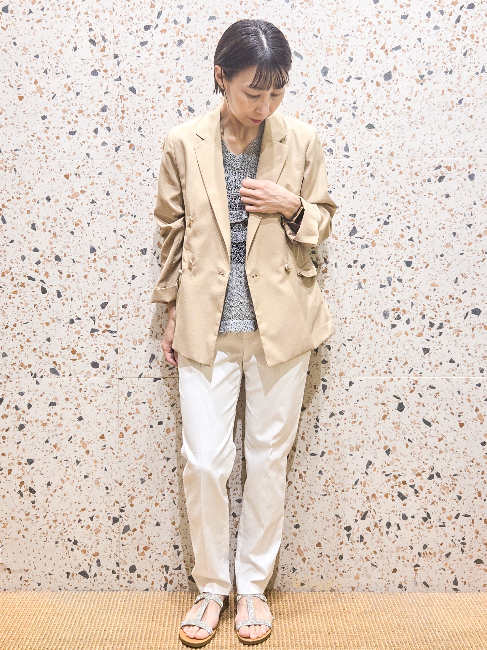 yoshimiさんの「OPAQUE.CLIP｜《再入荷》ダブルブレストテーラードジャケット【接触冷感／吸水速乾／イージーアイロン／防シワ／洗濯機O」を使ったコーディネート