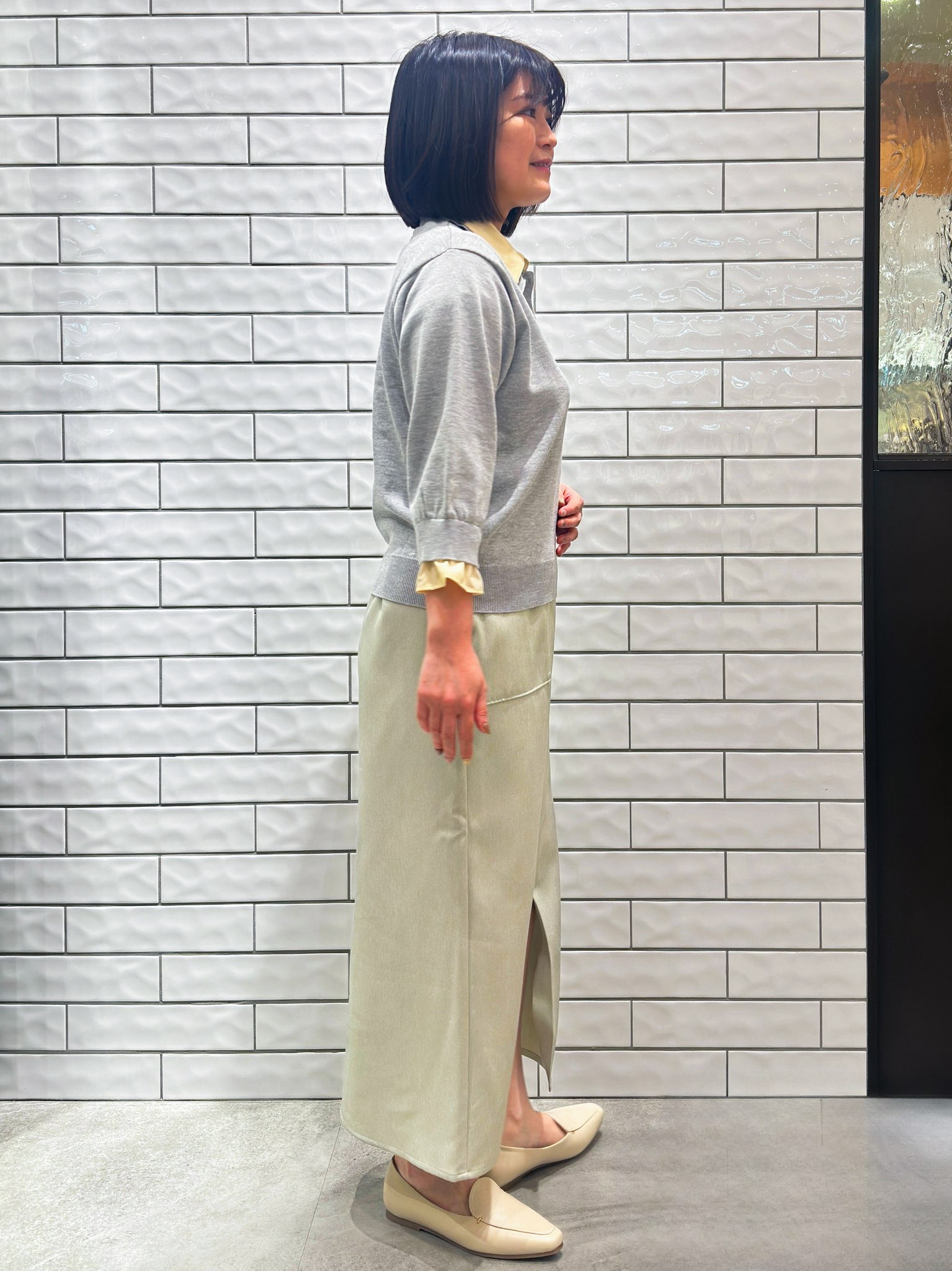 Minさんの「OPAQUE.CLIP｜シャツレイヤード風ポロニット【洗濯機OK】」を使ったコーディネート