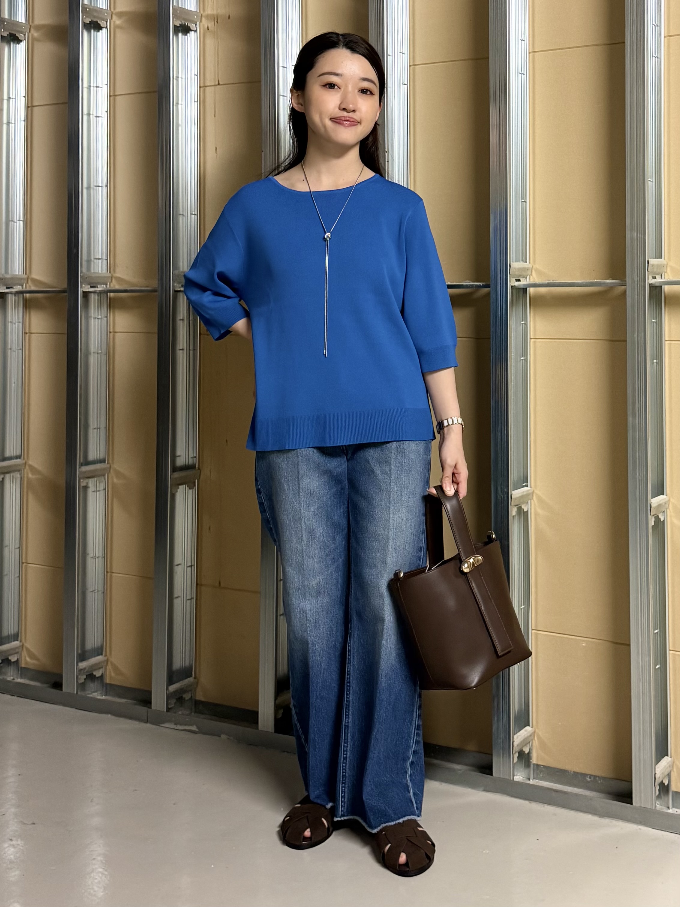 sahoさんの「THE SHOP TK｜【S-XL/ひんやりタッチ】美しさ際立つ 6分袖ニット 洗濯機OK/UVケア/毛玉になりにくい」を使ったコーディネート
