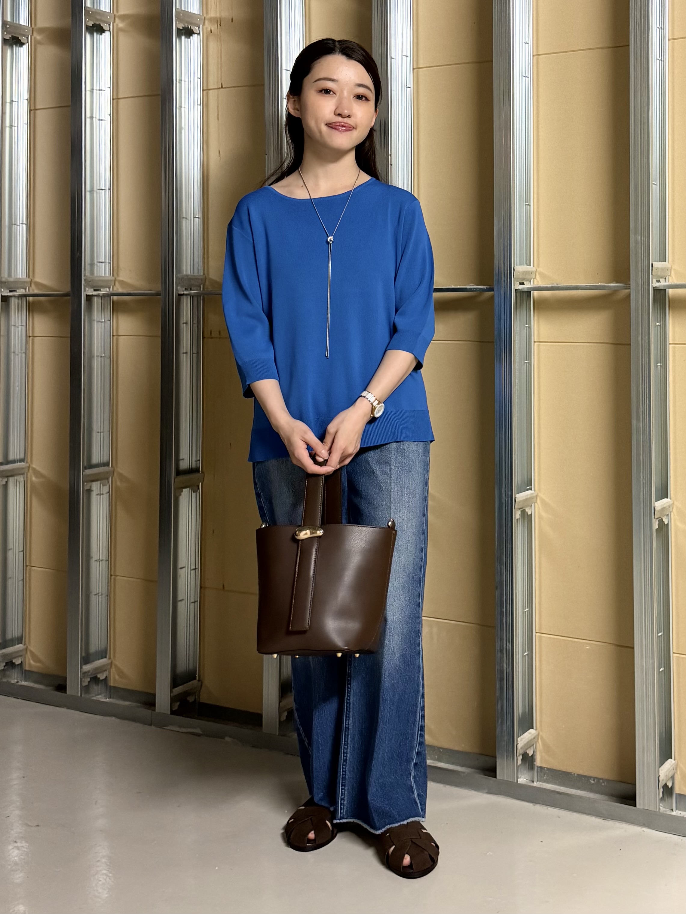 sahoさんの「THE SHOP TK｜【S-XL/ひんやりタッチ】美しさ際立つ 6分袖ニット 洗濯機OK/UVケア/毛玉になりにくい」を使ったコーディネート