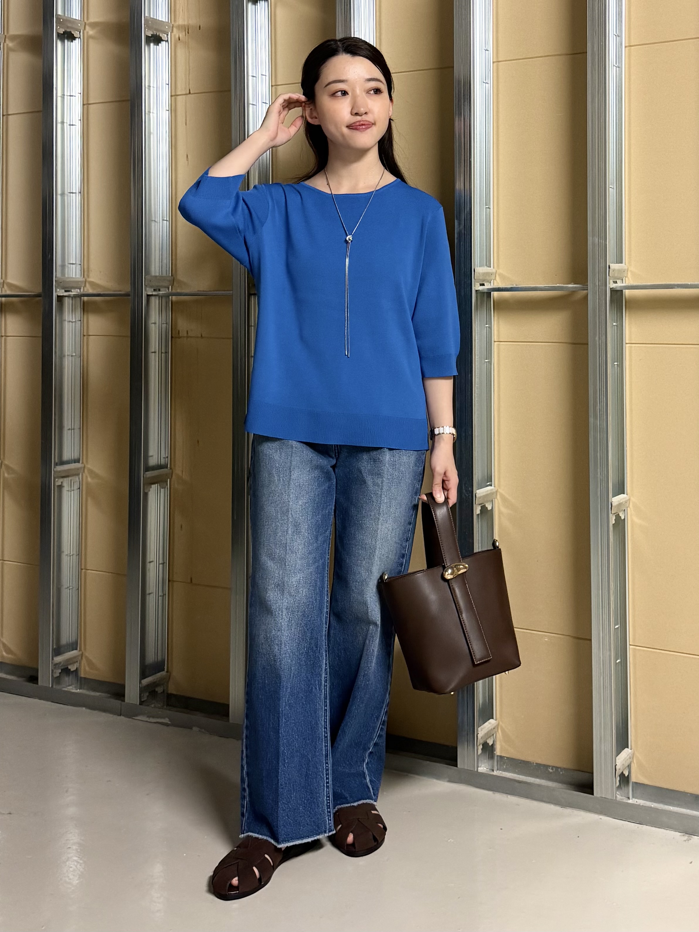 sahoさんの「THE SHOP TK｜【S-XL/ひんやりタッチ】美しさ際立つ 6分袖ニット 洗濯機OK/UVケア/毛玉になりにくい」を使ったコーディネート