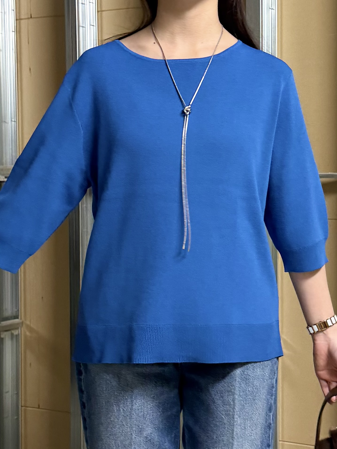 sahoさんの「THE SHOP TK｜【S-XL/ひんやりタッチ】美しさ際立つ 6分袖ニット 洗濯機OK/UVケア/毛玉になりにくい」を使ったコーディネート