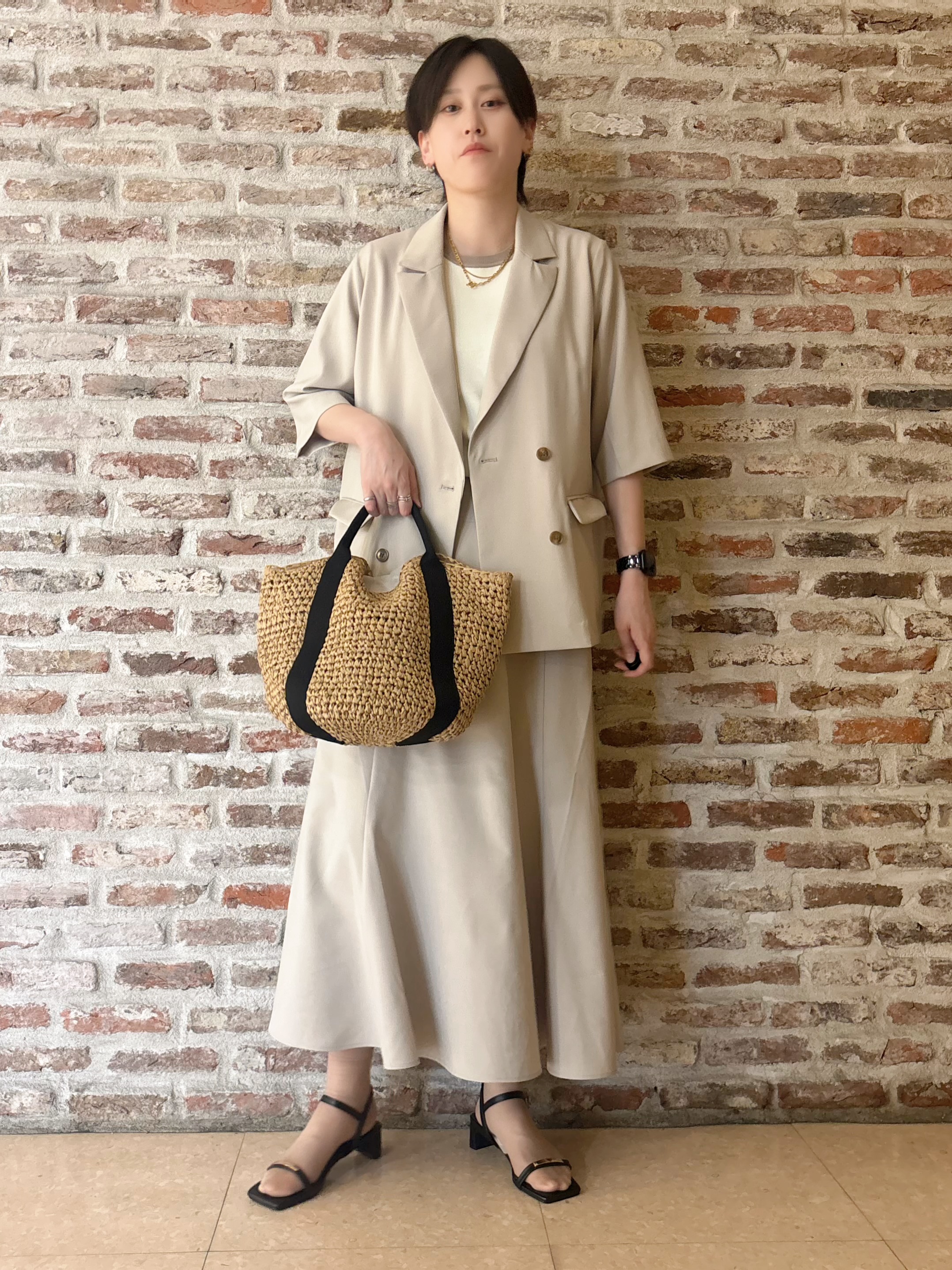 しばさんの「THE SHOP TK｜【セットアップ可】麻調ダブルブレスト 6分袖ジャケット」を使ったコーディネート