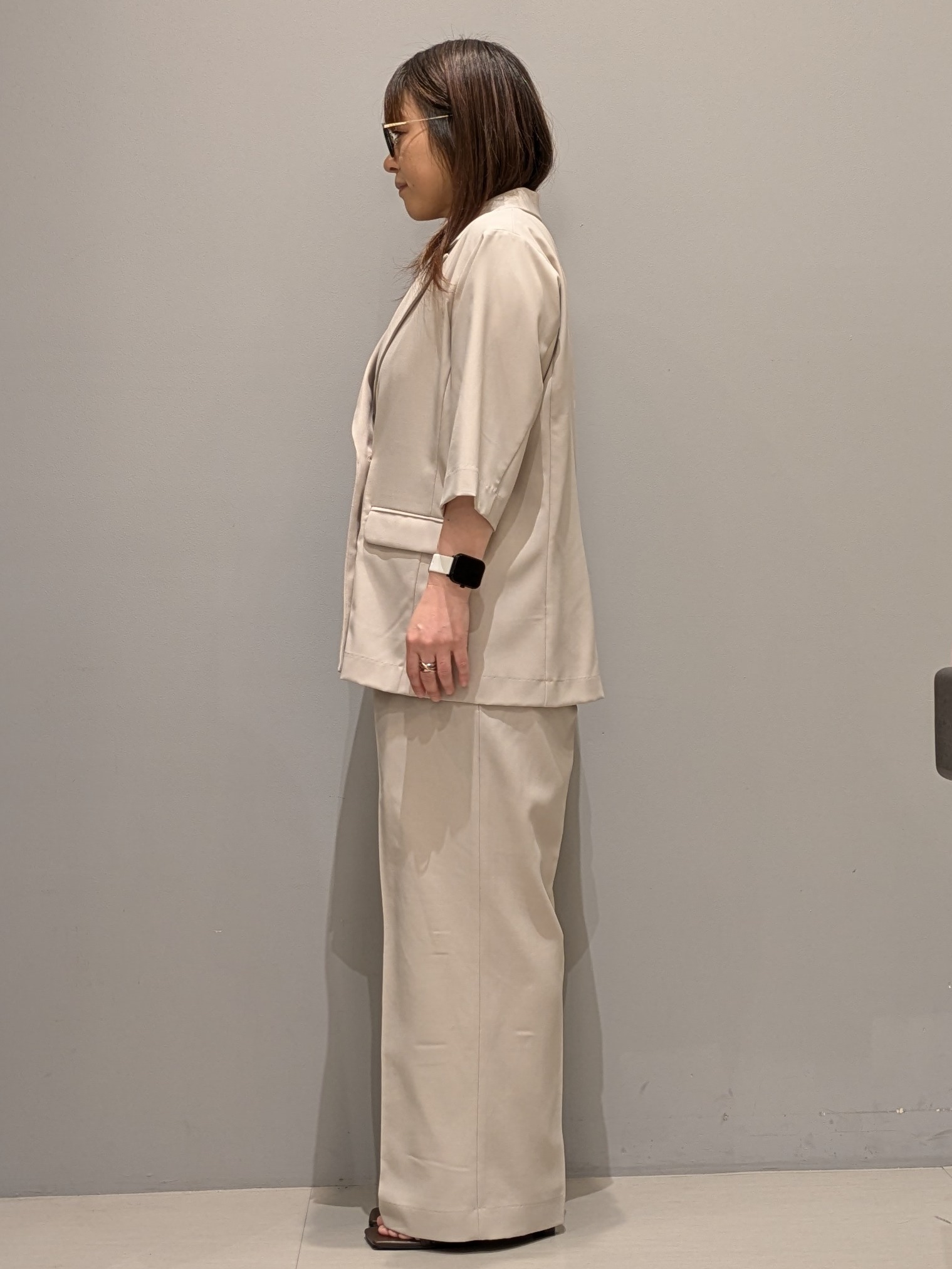 yukaさんの「THE SHOP TK｜【セットアップ可】麻調ダブルブレスト 6分袖ジャケット」を使ったコーディネート