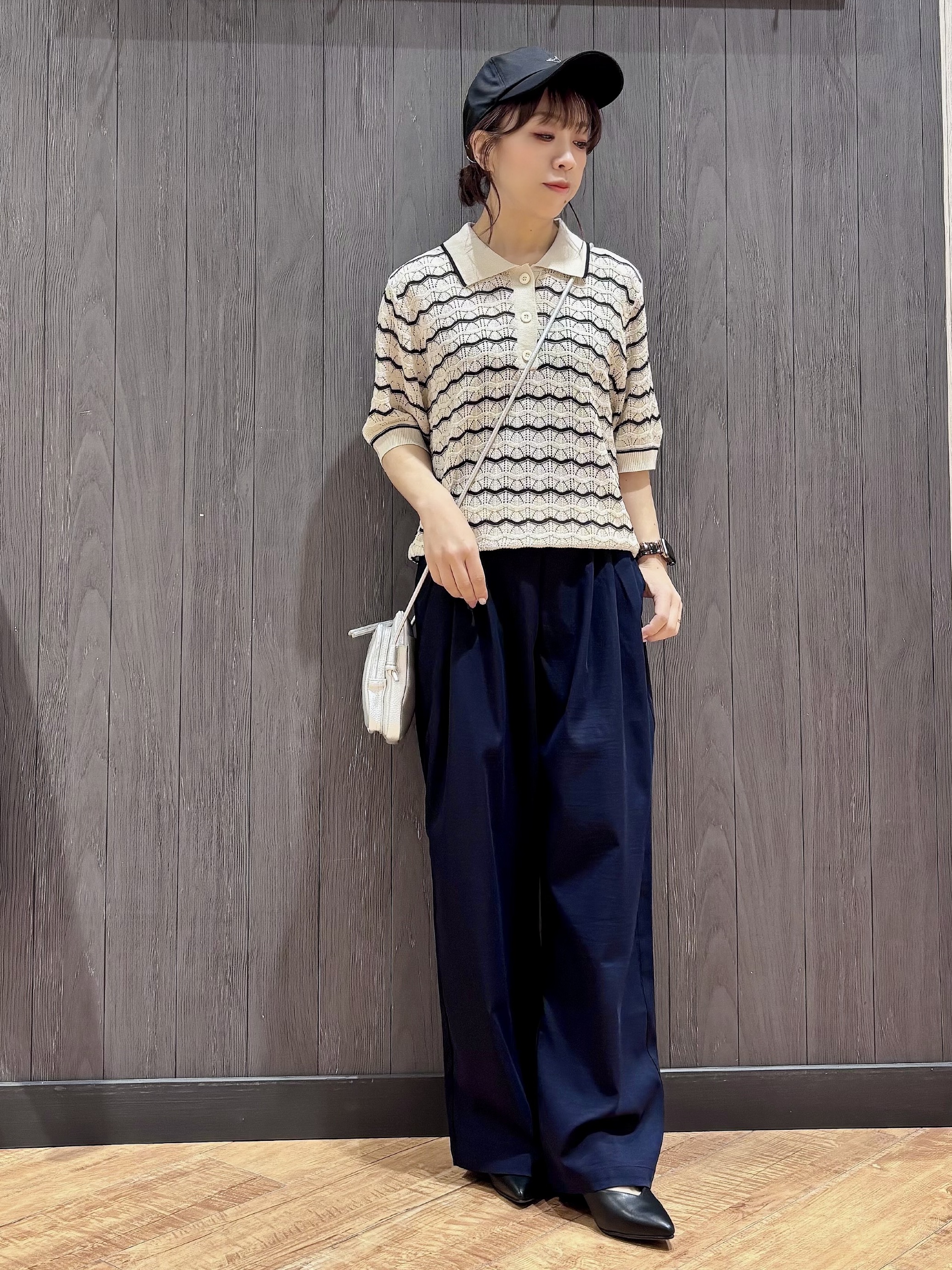 meiさんの「SHOO･LA･RUE｜【S-LL/洗濯機可】ニュアンスボーダー シアーニットポロ」を使ったコーディネート