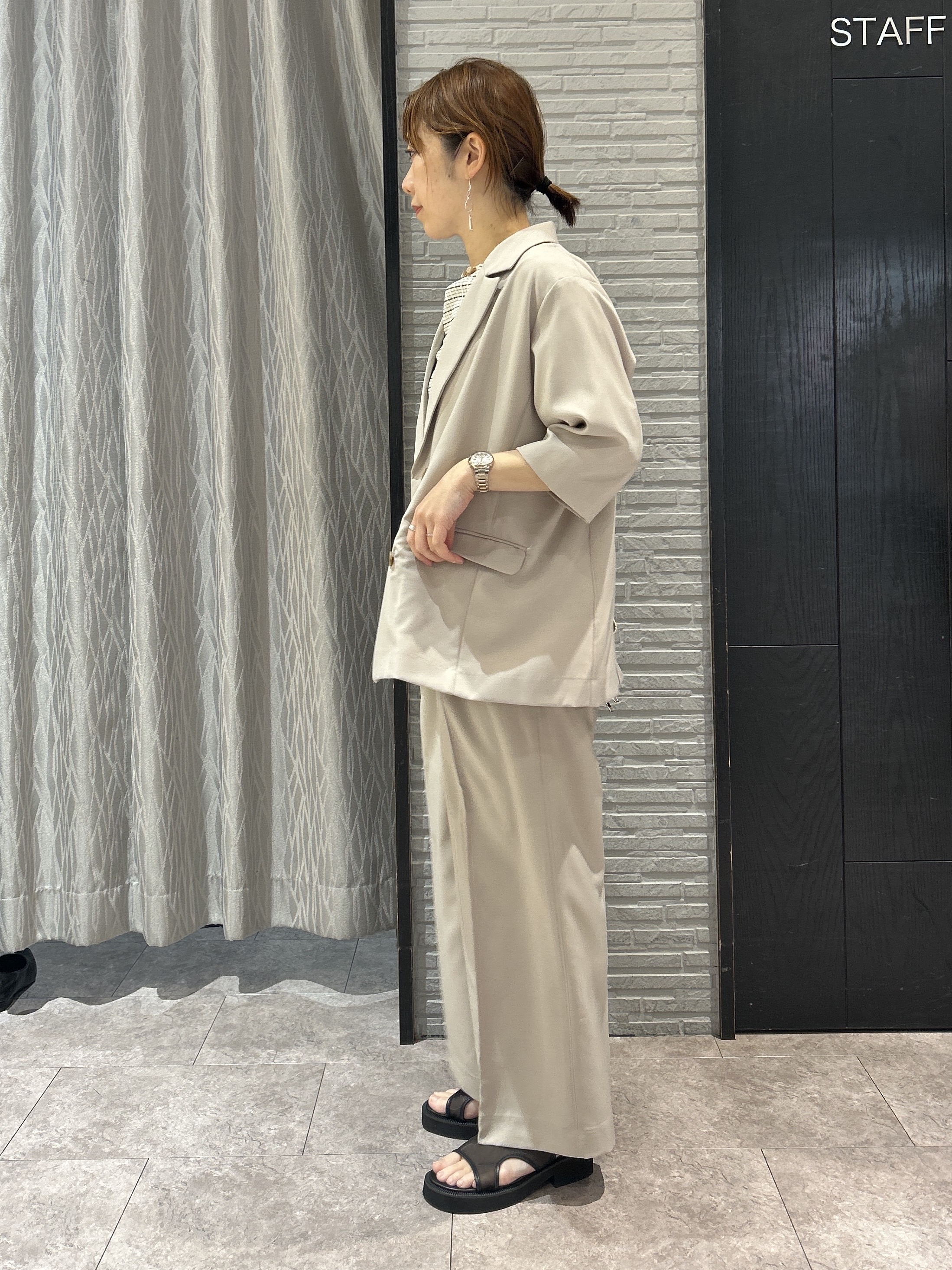 ga_riさんの「THE SHOP TK｜【セットアップ可】麻調ダブルブレスト 6分袖ジャケット」を使ったコーディネート