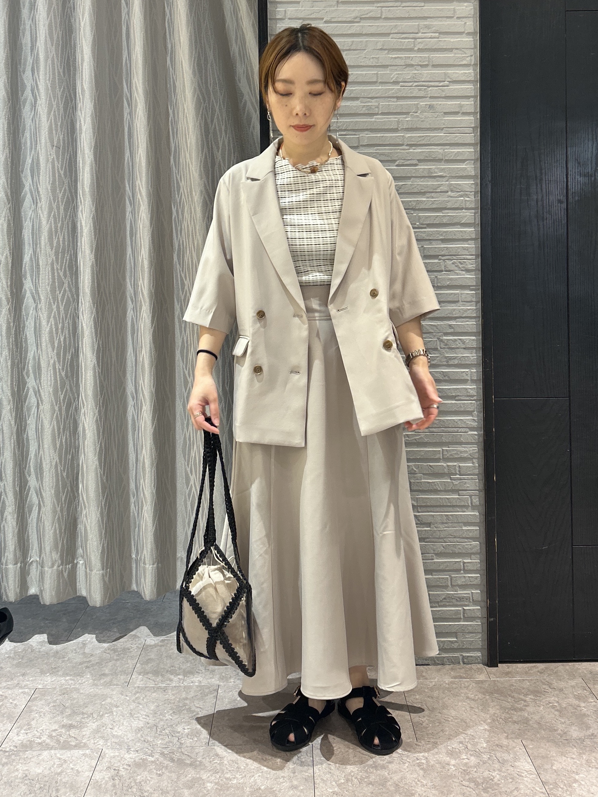 ga_riさんの「THE SHOP TK｜【セットアップ可】麻調ダブルブレスト 6分袖ジャケット」を使ったコーディネート