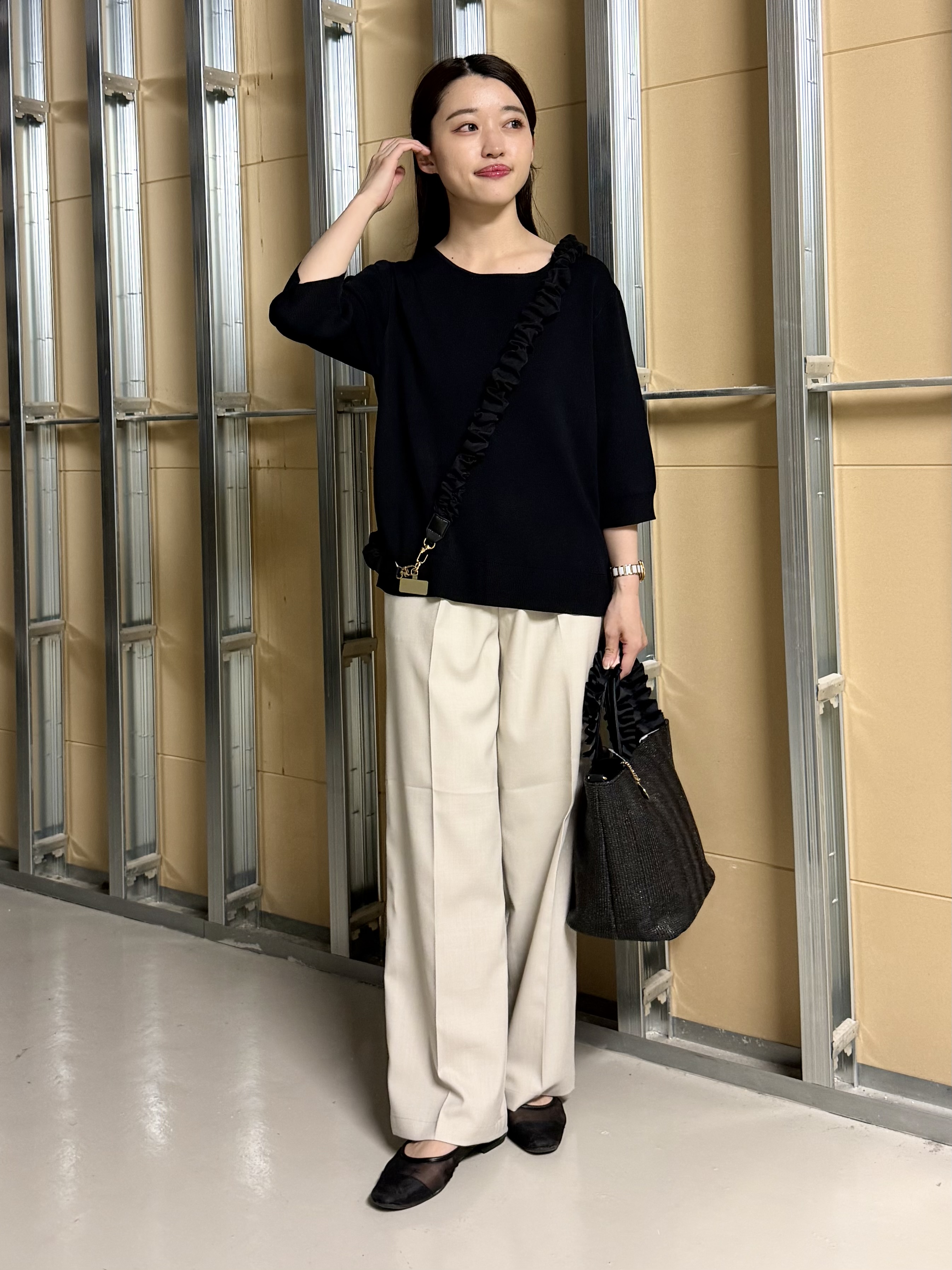 sahoさんの「THE SHOP TK｜【S-XL/ひんやりタッチ】美しさ際立つ 6分袖ニット 洗濯機OK/UVケア/毛玉になりにくい」を使ったコーディネート