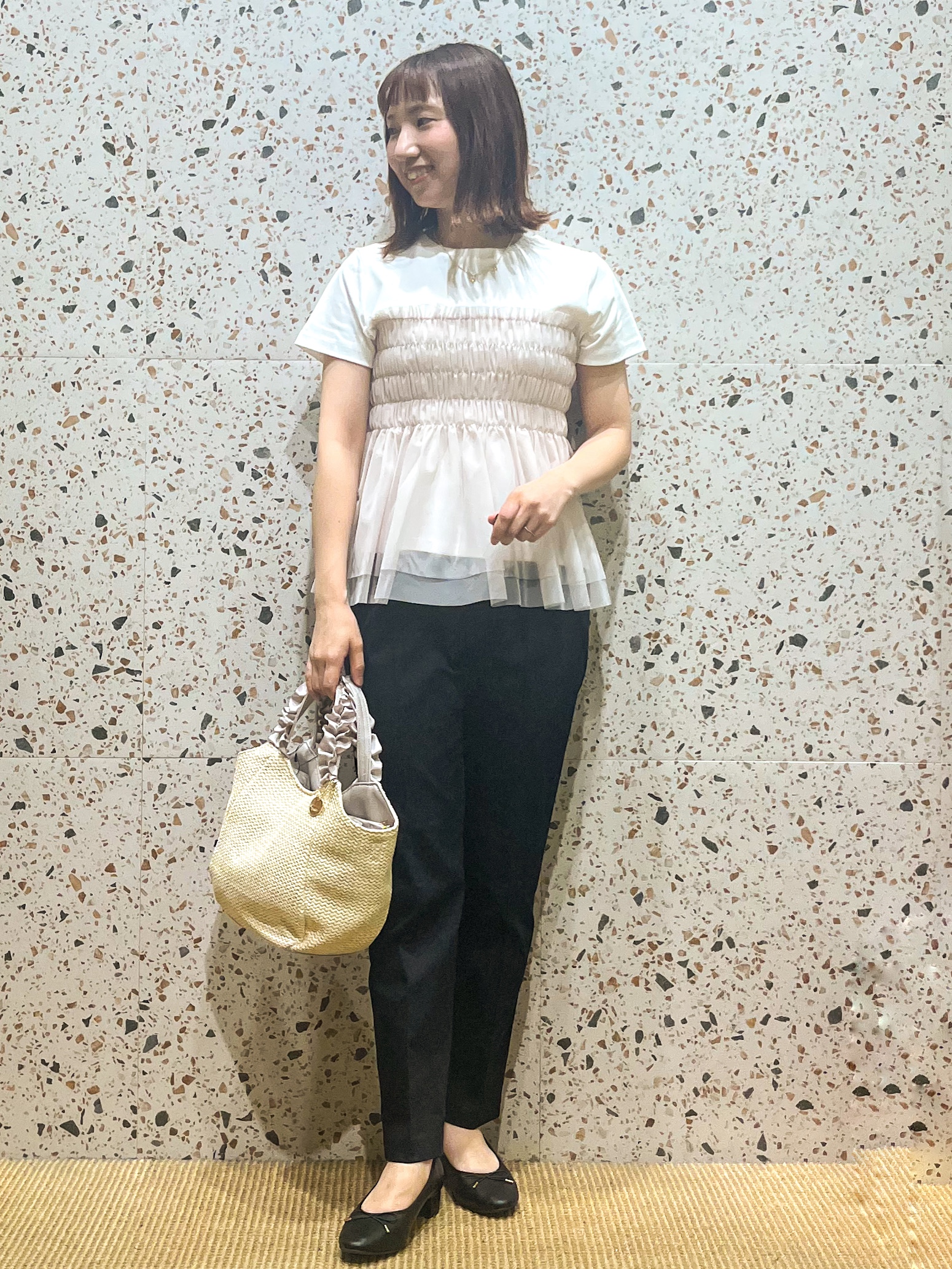 さくらさんの「OPAQUE.CLIP｜チュールペプラムトップス【洗濯機OK／接触冷感／UVケア】」を使ったコーディネート