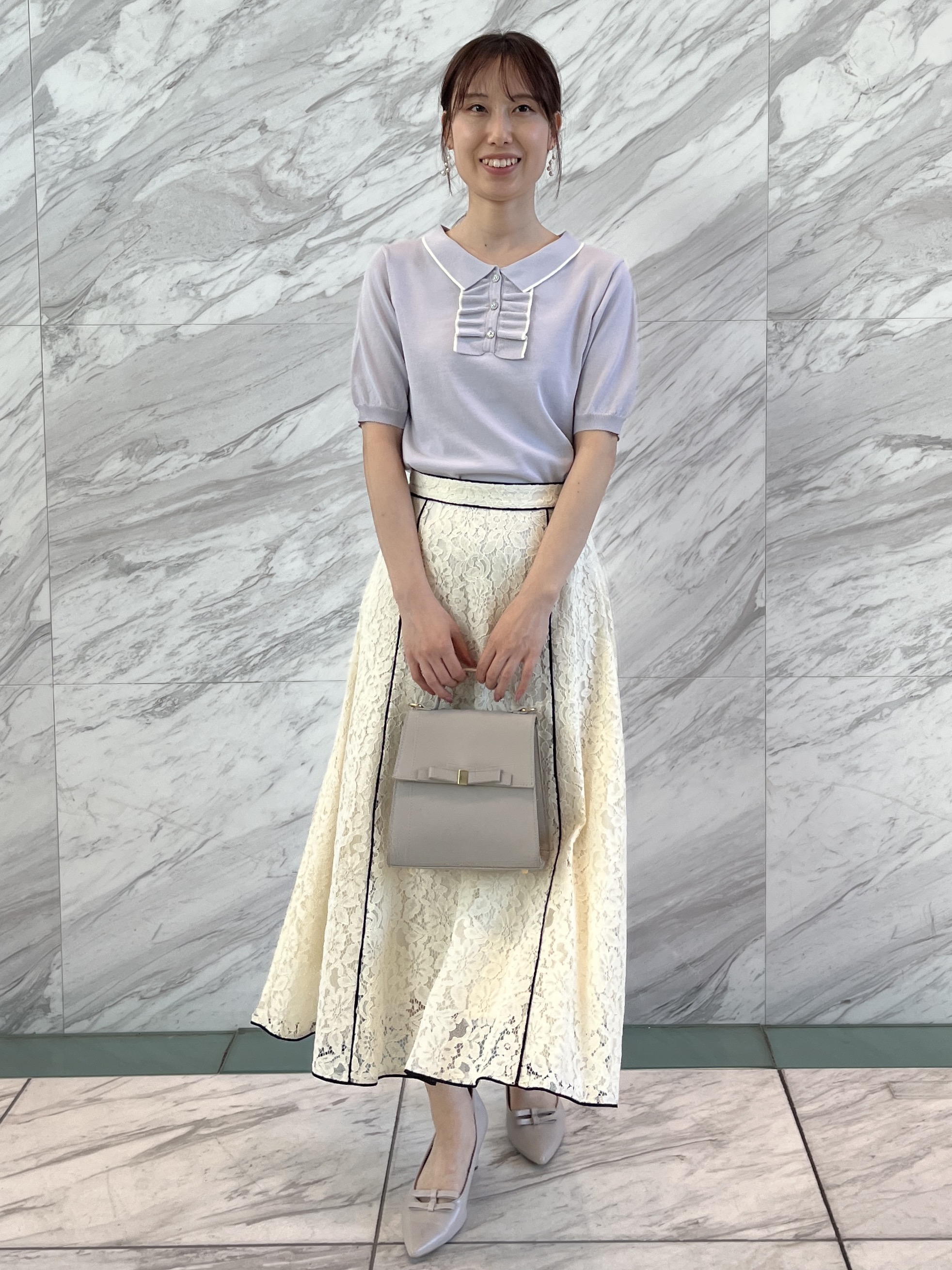 はばさんの「Couture brooch｜【洗える】フリル ポロ衿ニット」を使ったコーディネート
