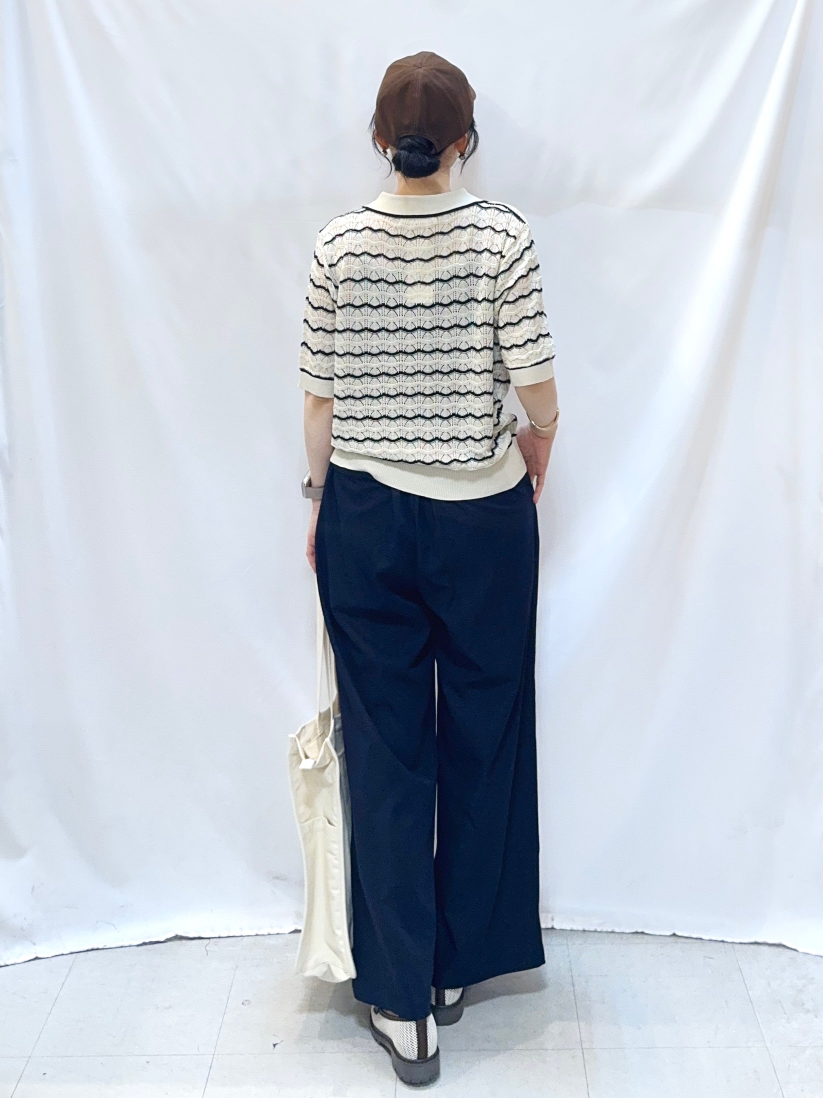 𝐇𝐢𝐫𝐨𝐦𝐢さんの「SHOO･LA･RUE｜【S-LL/洗濯機可】ニュアンスボーダー シアーニットポロ」を使ったコーディネート